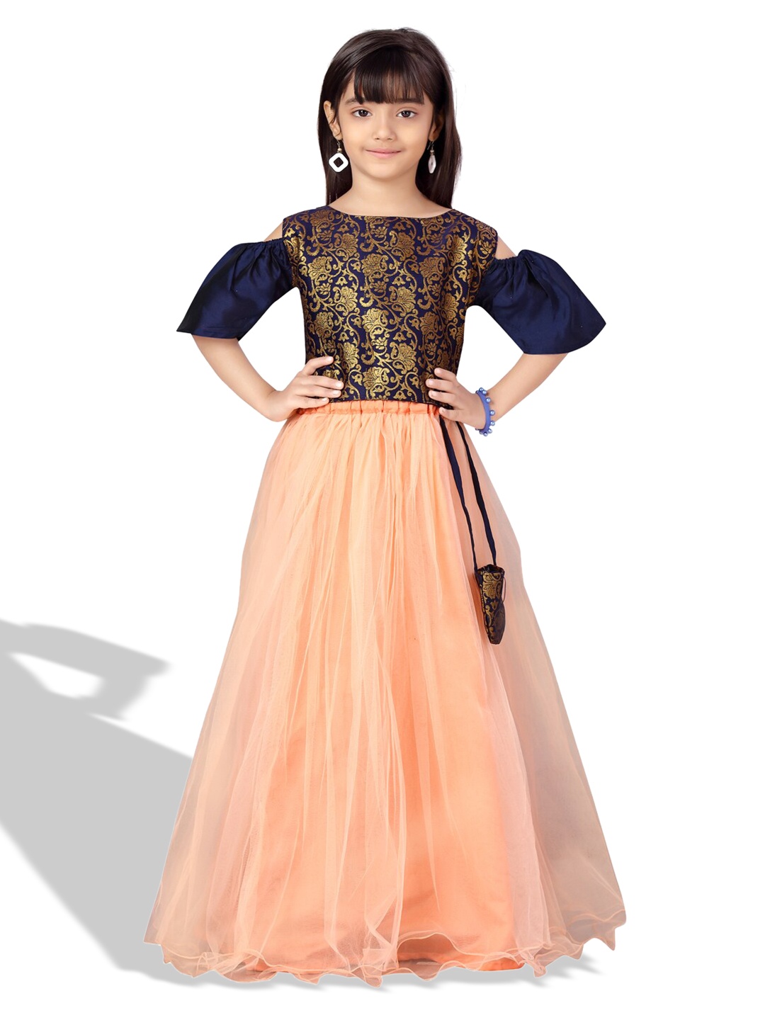 

BAESD Girls Printed Silk Ready to Wear Lehenga Choli, Navy blue