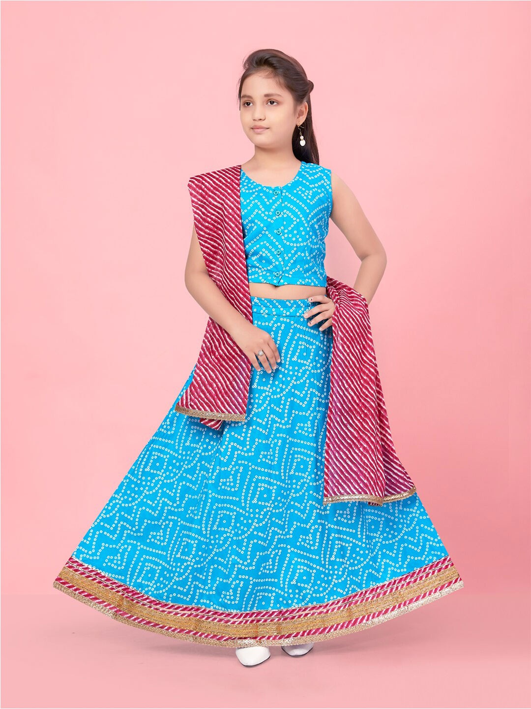 

BAESD Girls Bandhani Printed Ready to Wear Lehenga & Blouse With Dupatta, Turquoise blue
