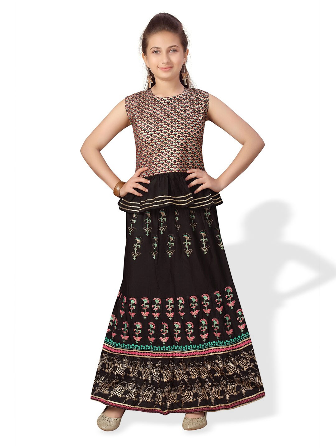 

BAESD Girls Ethnic Motifs Embroidered Ready to Wear Lehenga Choli, Black