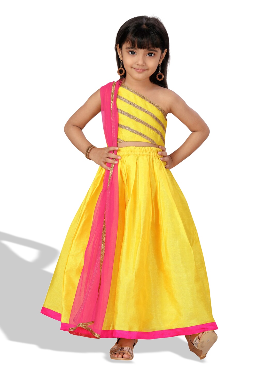 

BAESD Girls Embellished Ready To Wear Silk Lehenga & Blouse With Dupatta, Yellow