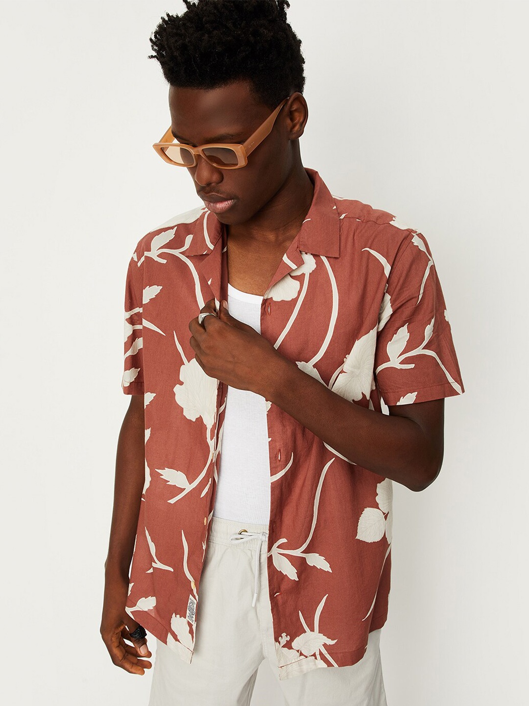 

max Floral Printed Spread Collar Cotton Casual Shirt, Rust
