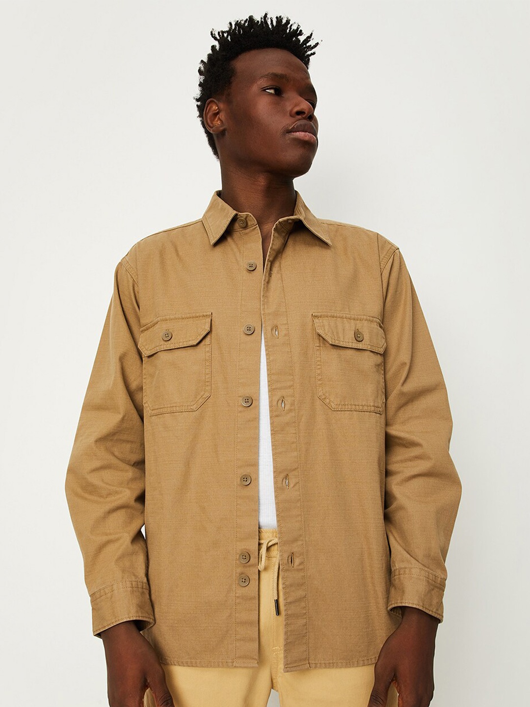 

max Spread Collar Opaque Cotton Casual Shirt, Brown