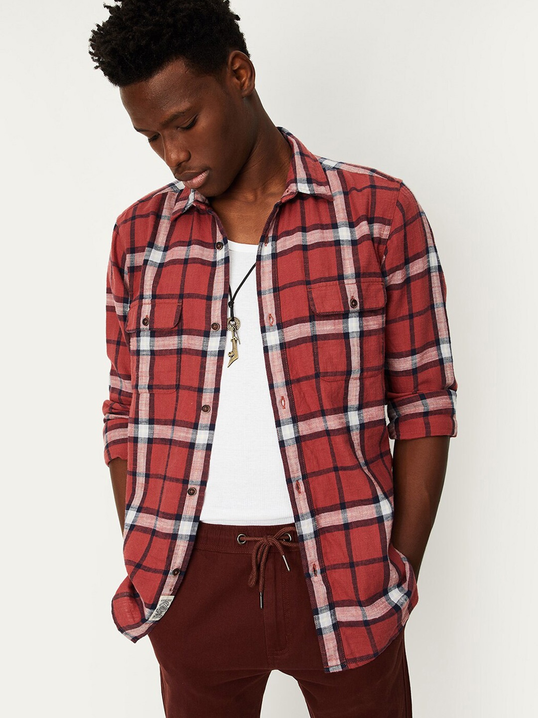 

max Tartan Checked Regular Fit Opaque Cotton Casual Shirt, Red