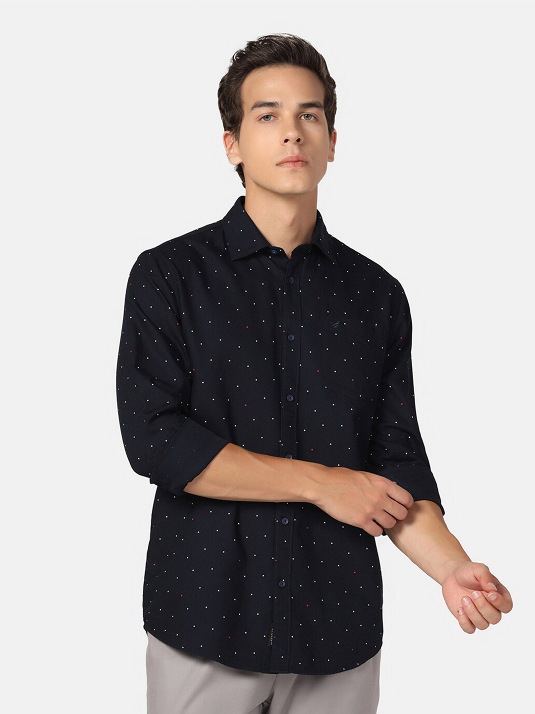 

Blackberrys India Slim Polka Dots Printed Opaque Cotton Casual Shirt, Navy blue