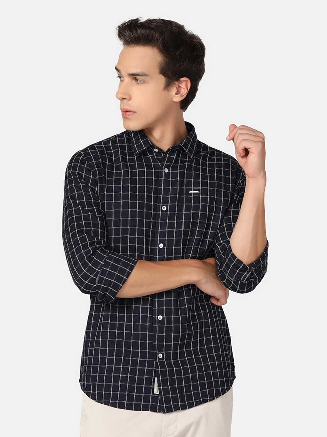 

Blackberrys India Slim Grid Tattersall Checks Opaque Cotton Casual Shirt, Blue