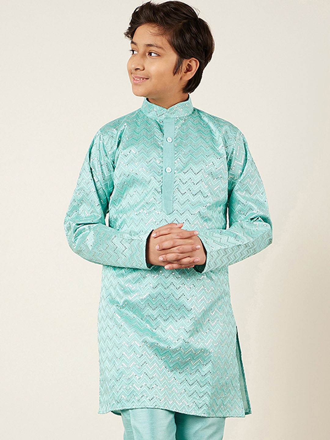 

Aj DEZInES Boys Embroidered Chevron Mandarin Collar Kurta, Turquoise blue
