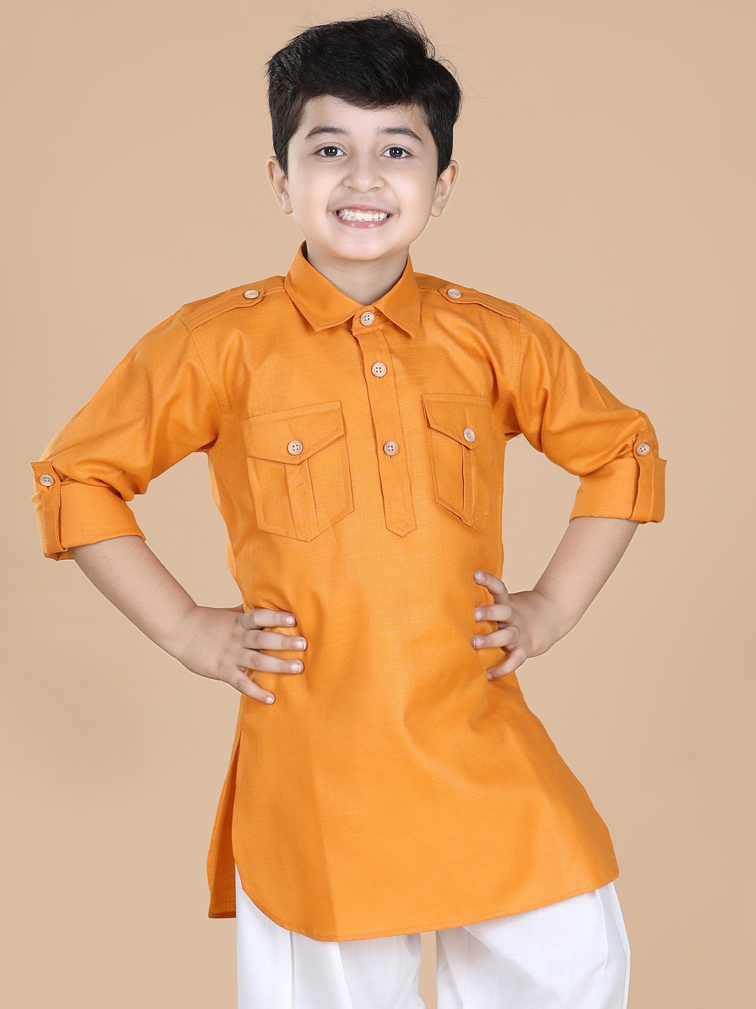 

Aj DEZInES Boys Shirt Collar Roll-Up Sleeves Pure Cotton Pathani Kurta, Orange