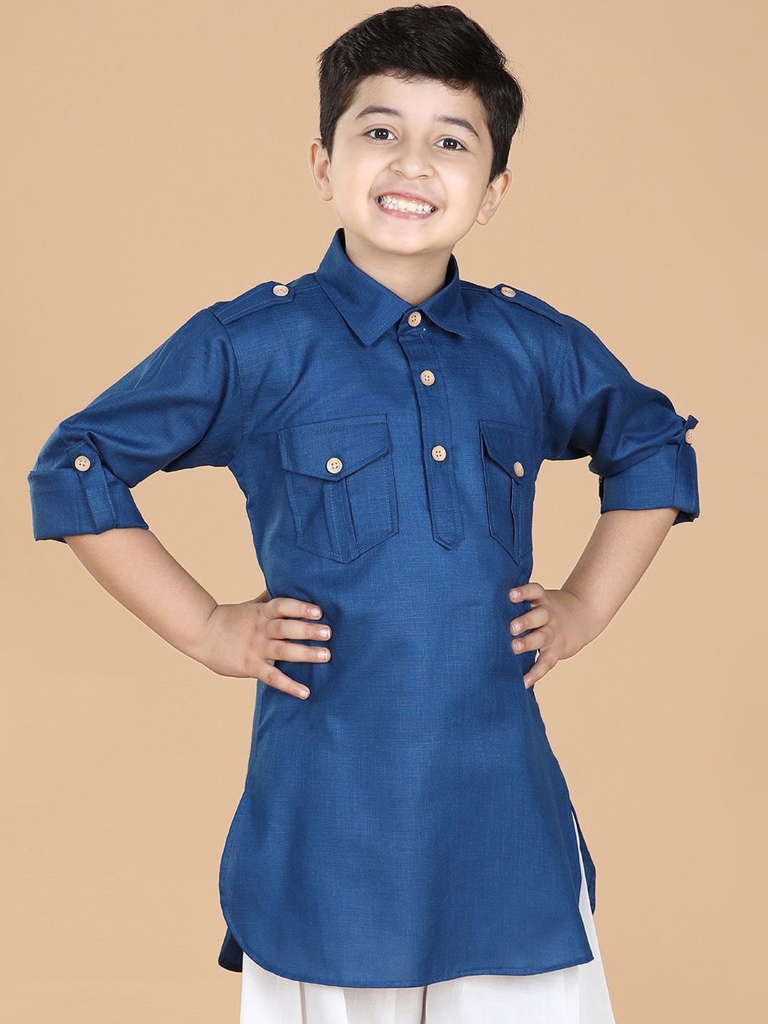 

Aj DEZInES Boys Shirt Collar Roll-Up Sleeves Pure Cotton Pathani Kurta, Blue