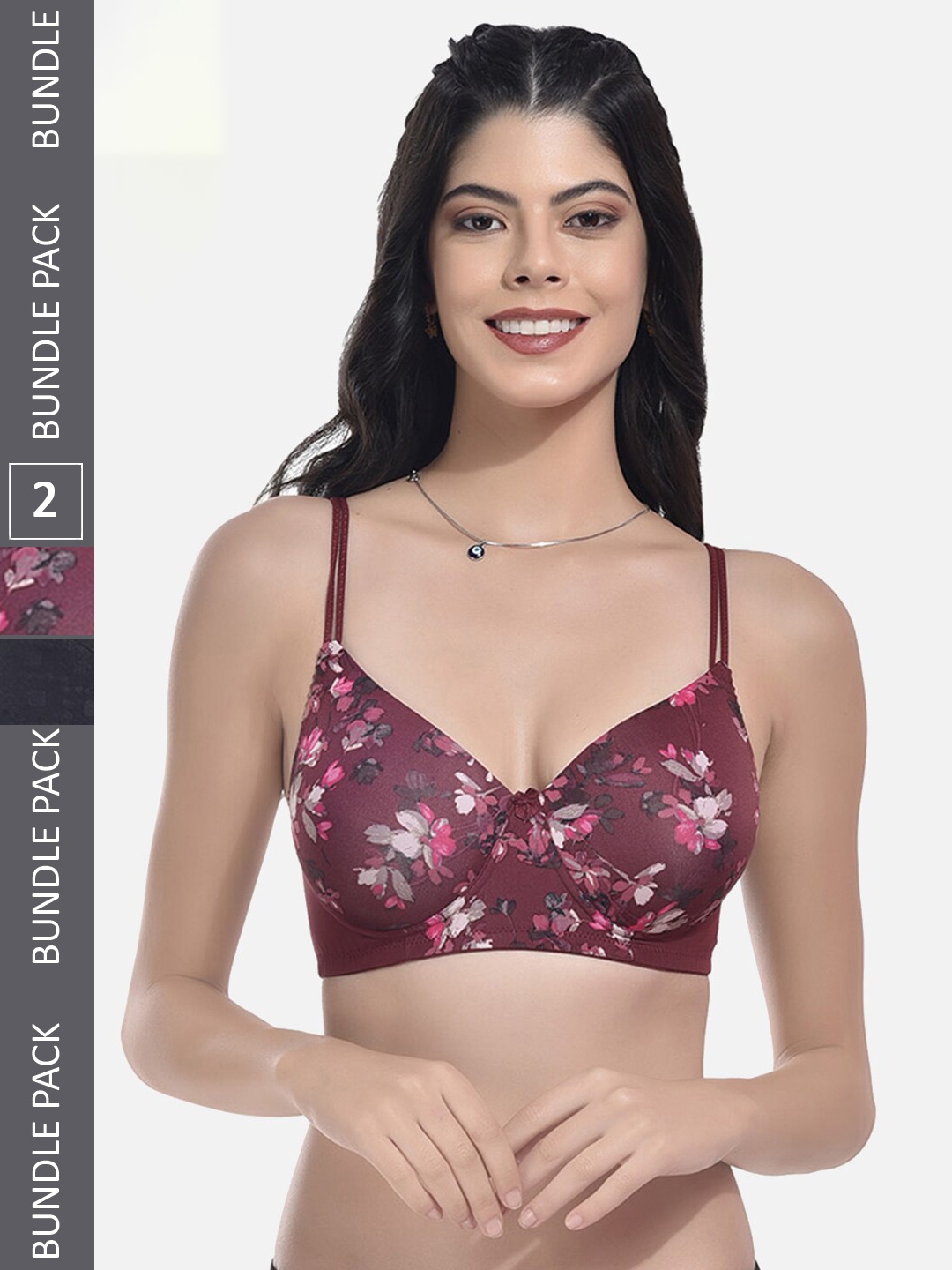 

StyFun Pack Of 2 Floral Printed Full Coverage Lightly Padded Bra, Maroon