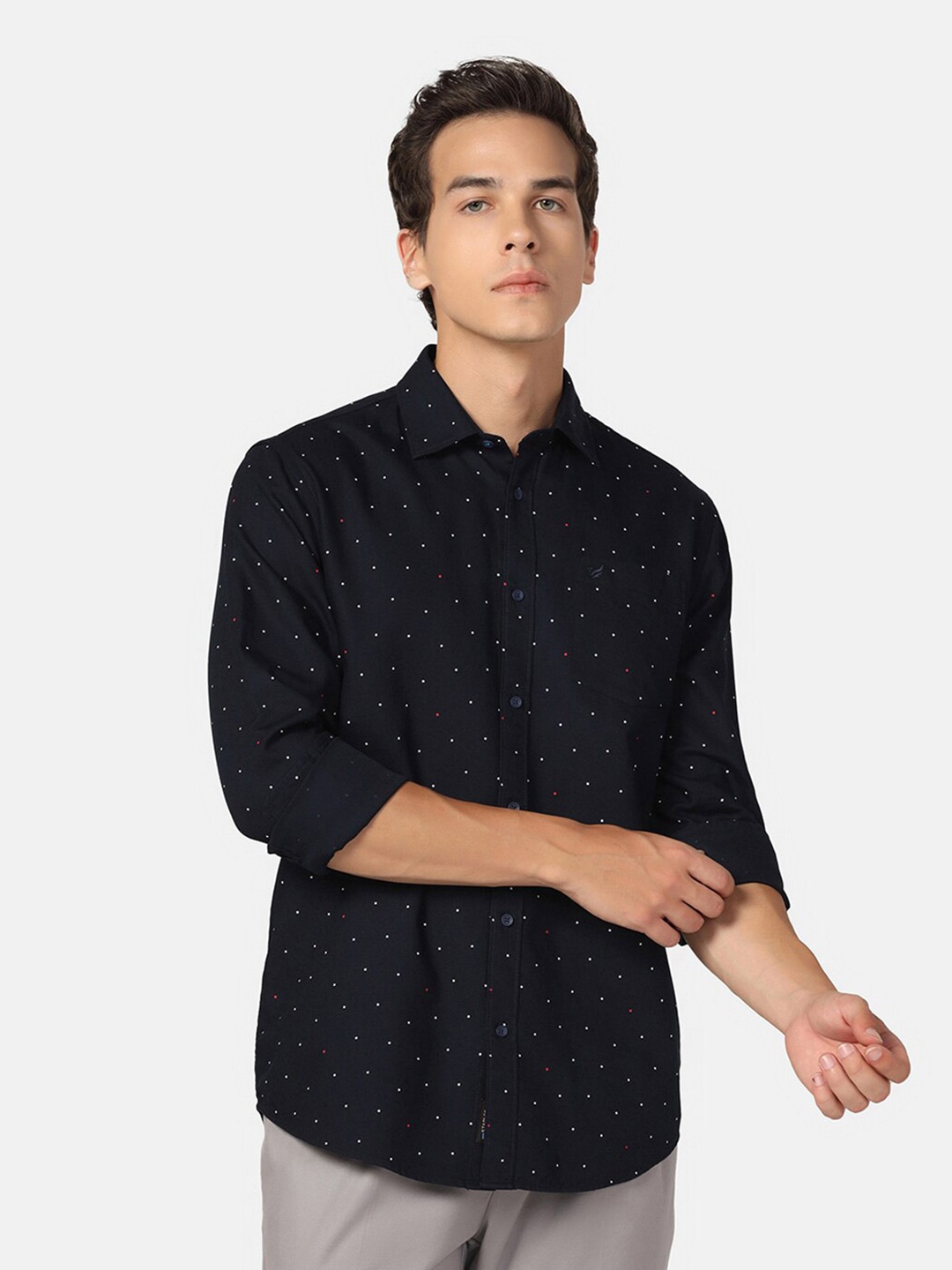 

Blackberrys India Slim Polka Dots Printed Opaque Cotton Casual Shirt, Navy blue