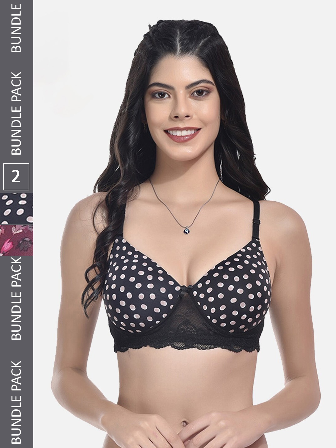 

StyFun Pack Of 2 Printed Bras Full Coverage Lightly Padded, Black