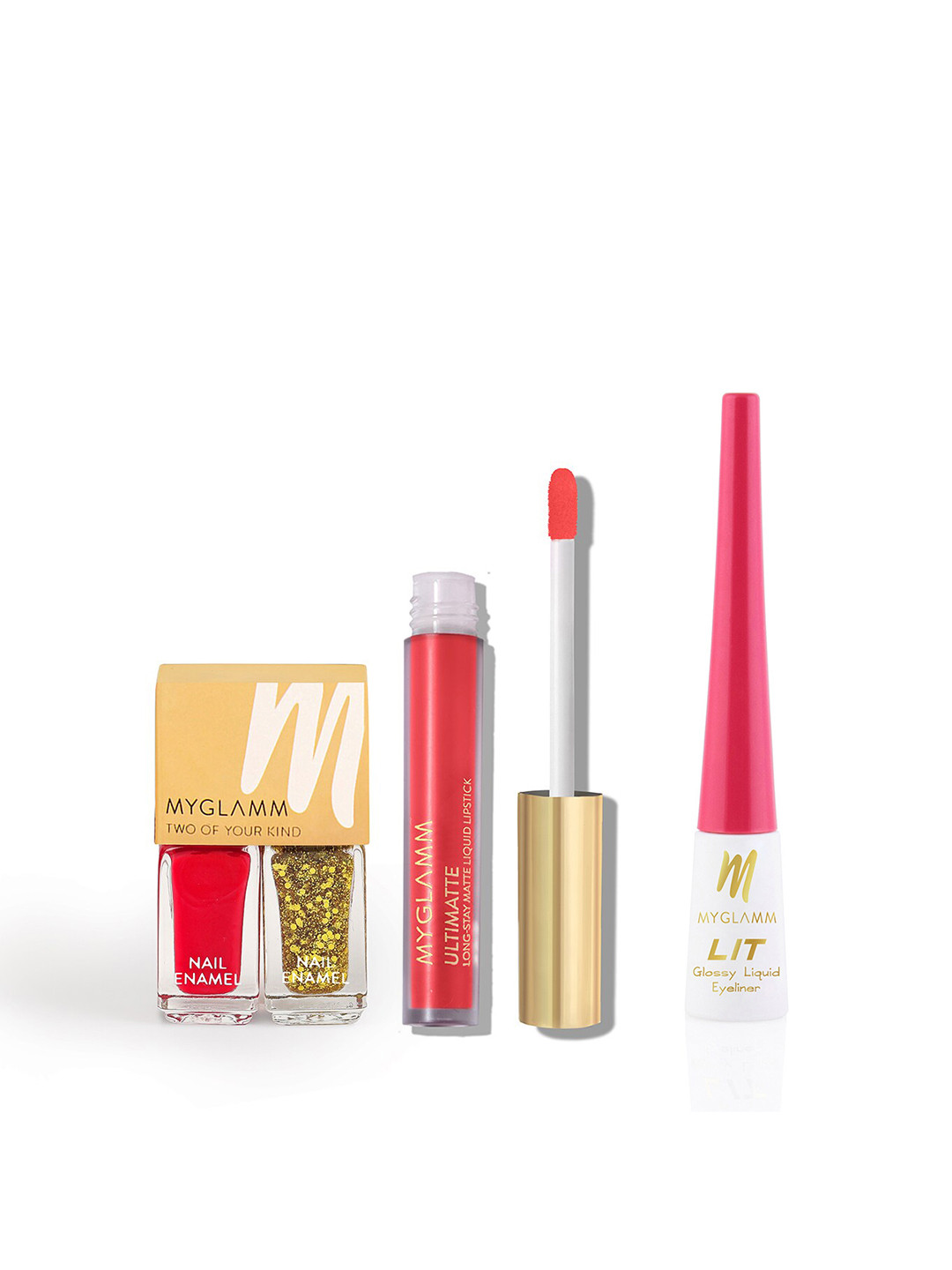 

MyGlamm Set of Two Of Your Kind Nail Enamel + Ultimatte Lipstick + LIT Liquid Eyeliner, Coral