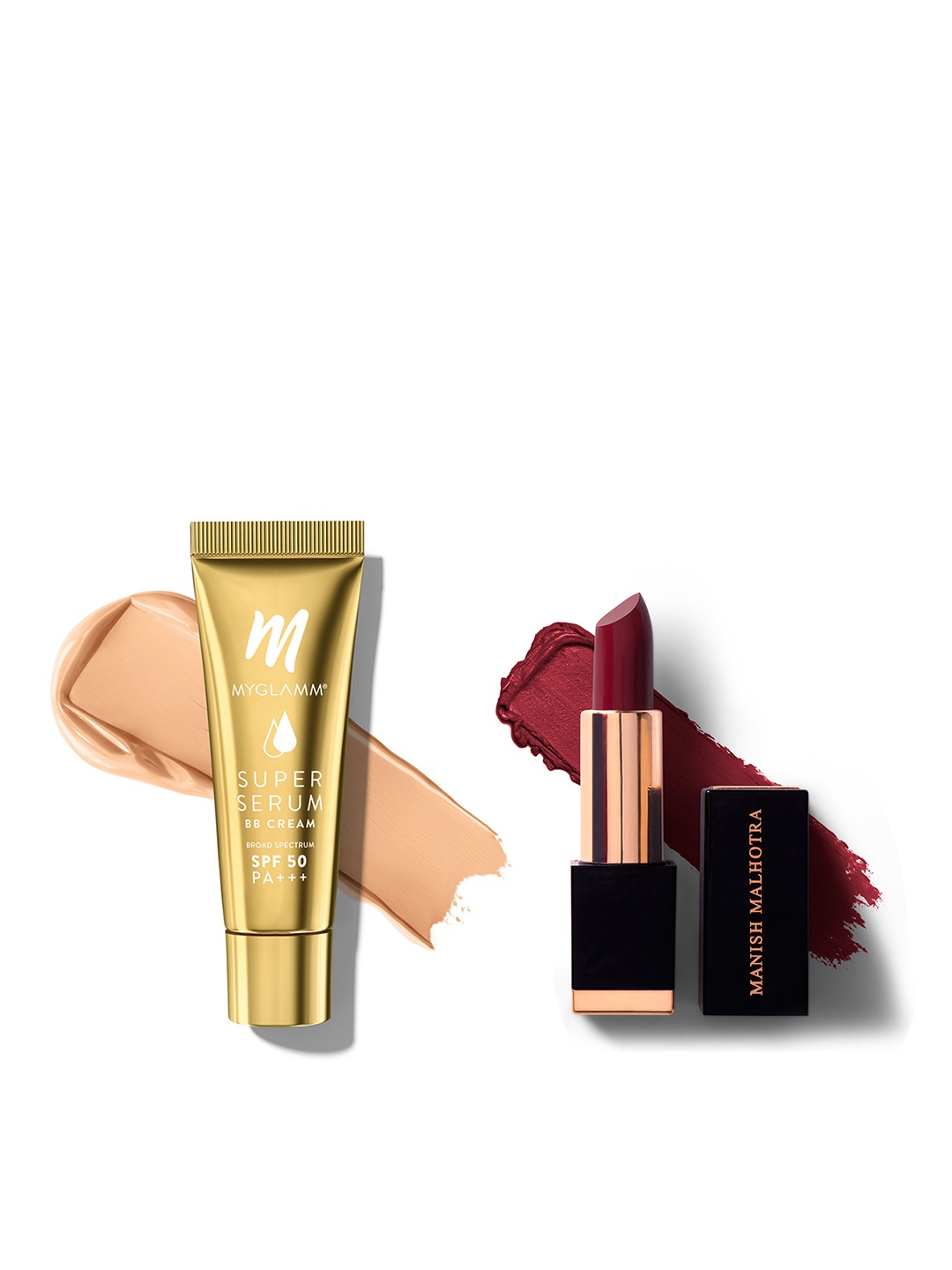 

MyGlamm Set of Manish Malhotra Hi-Shine Lipstick & Super Serum BB Cream - Pine 201, Burgundy