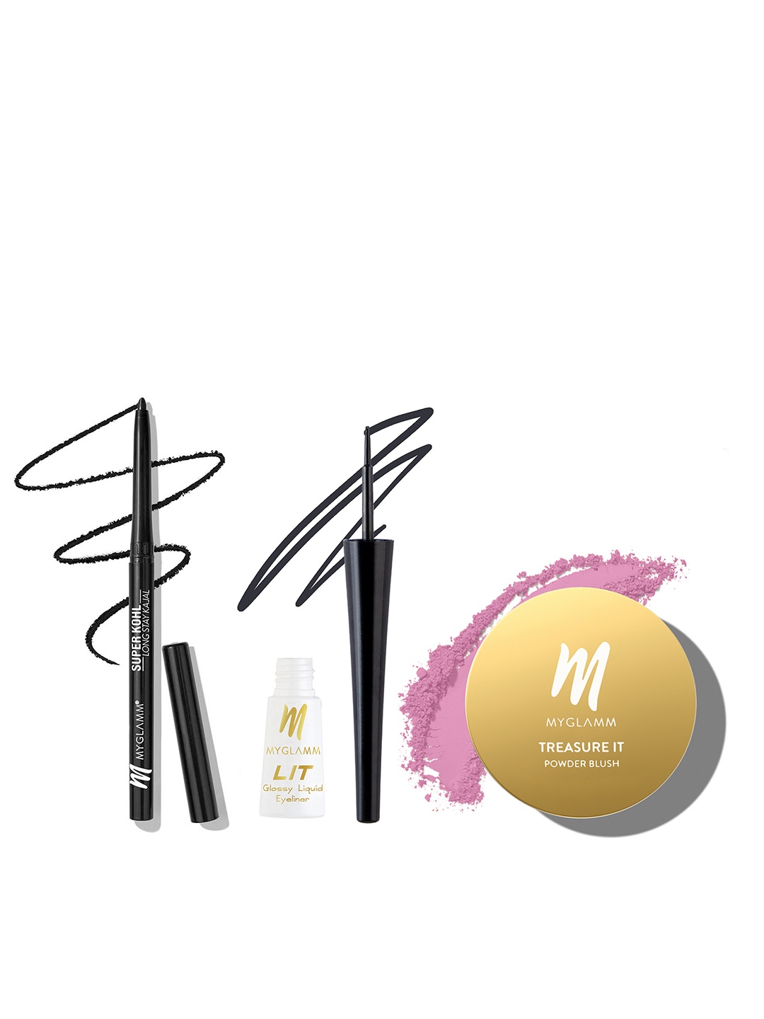 

MyGlamm Set of LIT Glossy Eyeliner + Treasure IT Powder Matte Blush + Super Kohl Kajal, Pink