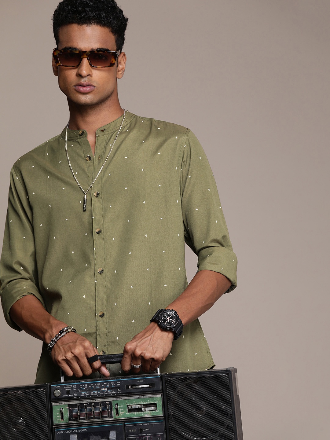

R.Code by The Roadster Life Co. Geometric Printed Casual Shirt, Olive