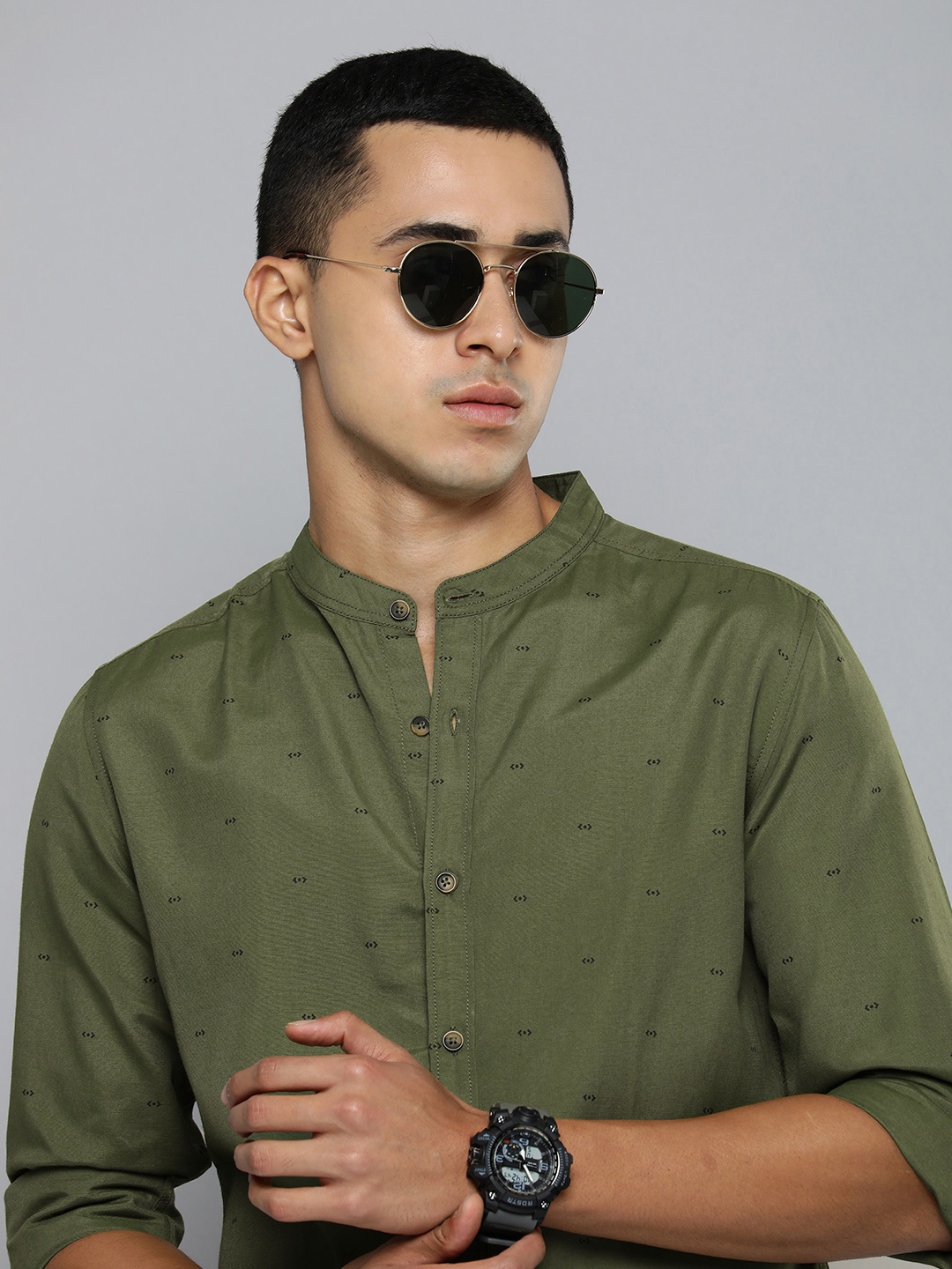 

R.Code by The Roadster Life Co. Geometric Printed Casual Shirt, Olive