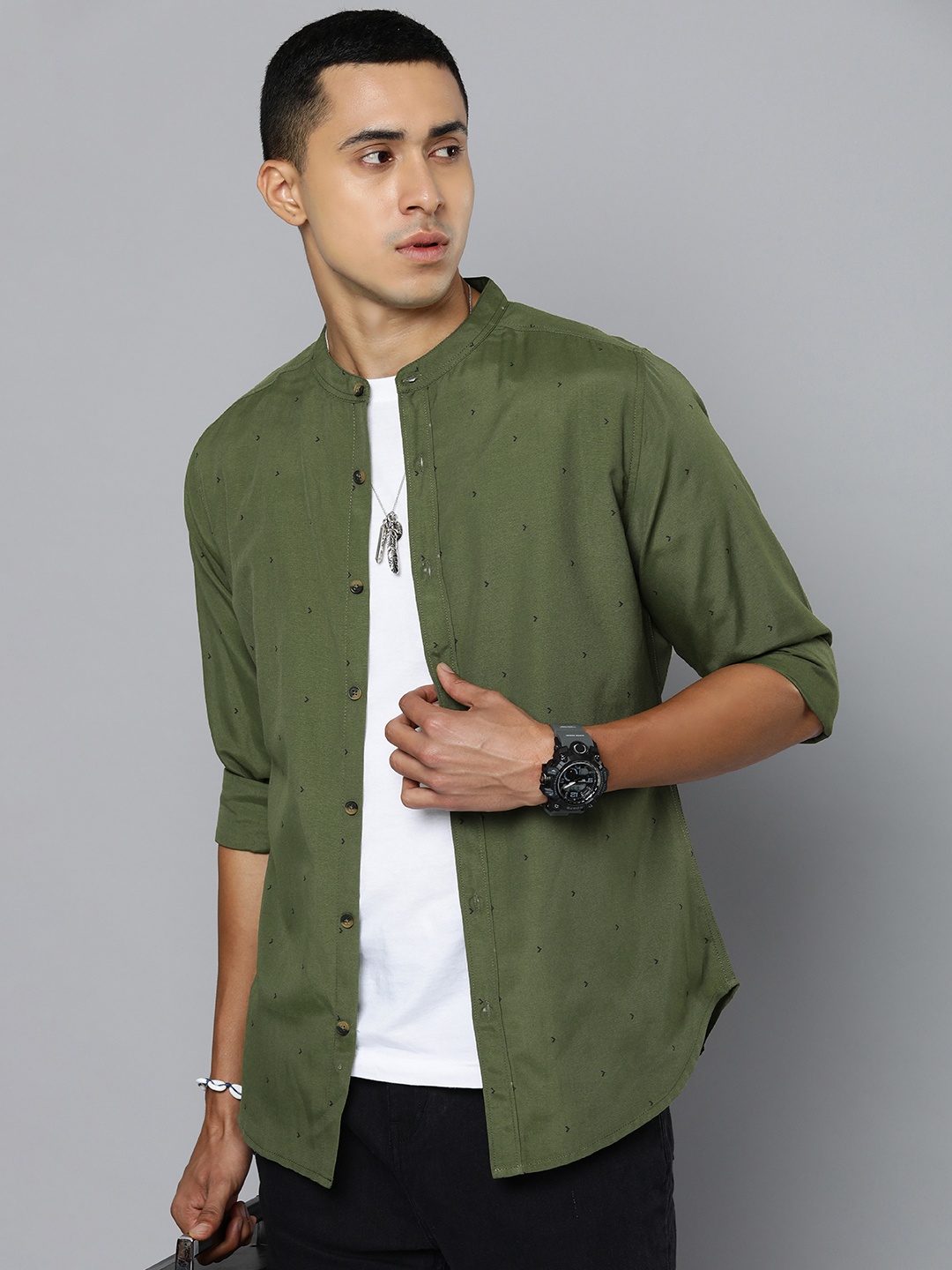 

R.Code by The Roadster Life Co. Geometric Printed Casual Shirt, Olive