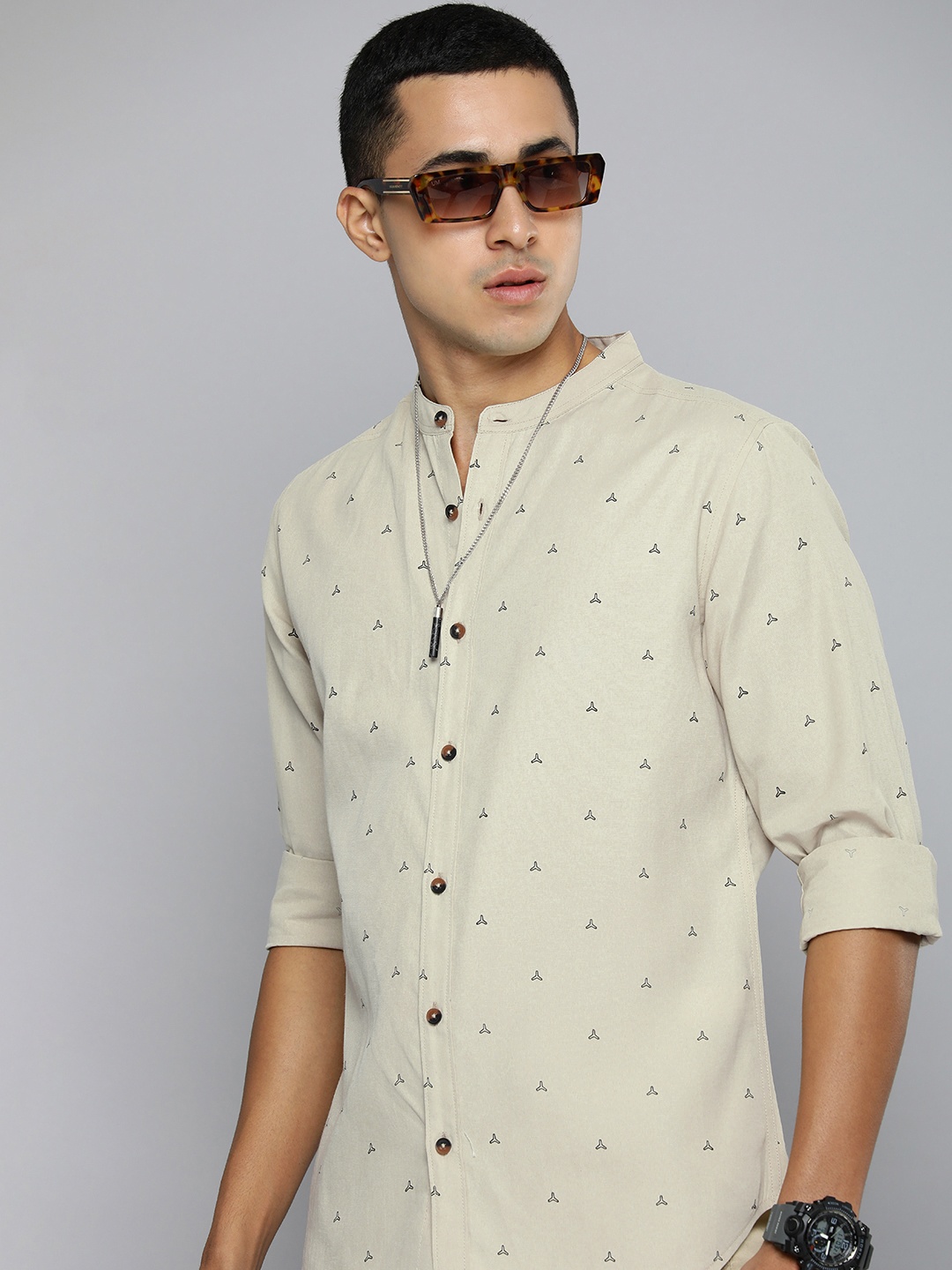 

R.Code by The Roadster Life Co. Geometric Printed Casual Shirt, Beige