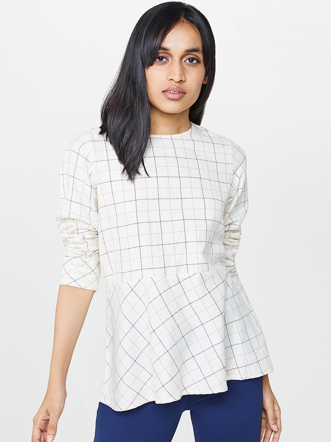 

AND Women Cream-Coloured Checked Pure Cotton Top