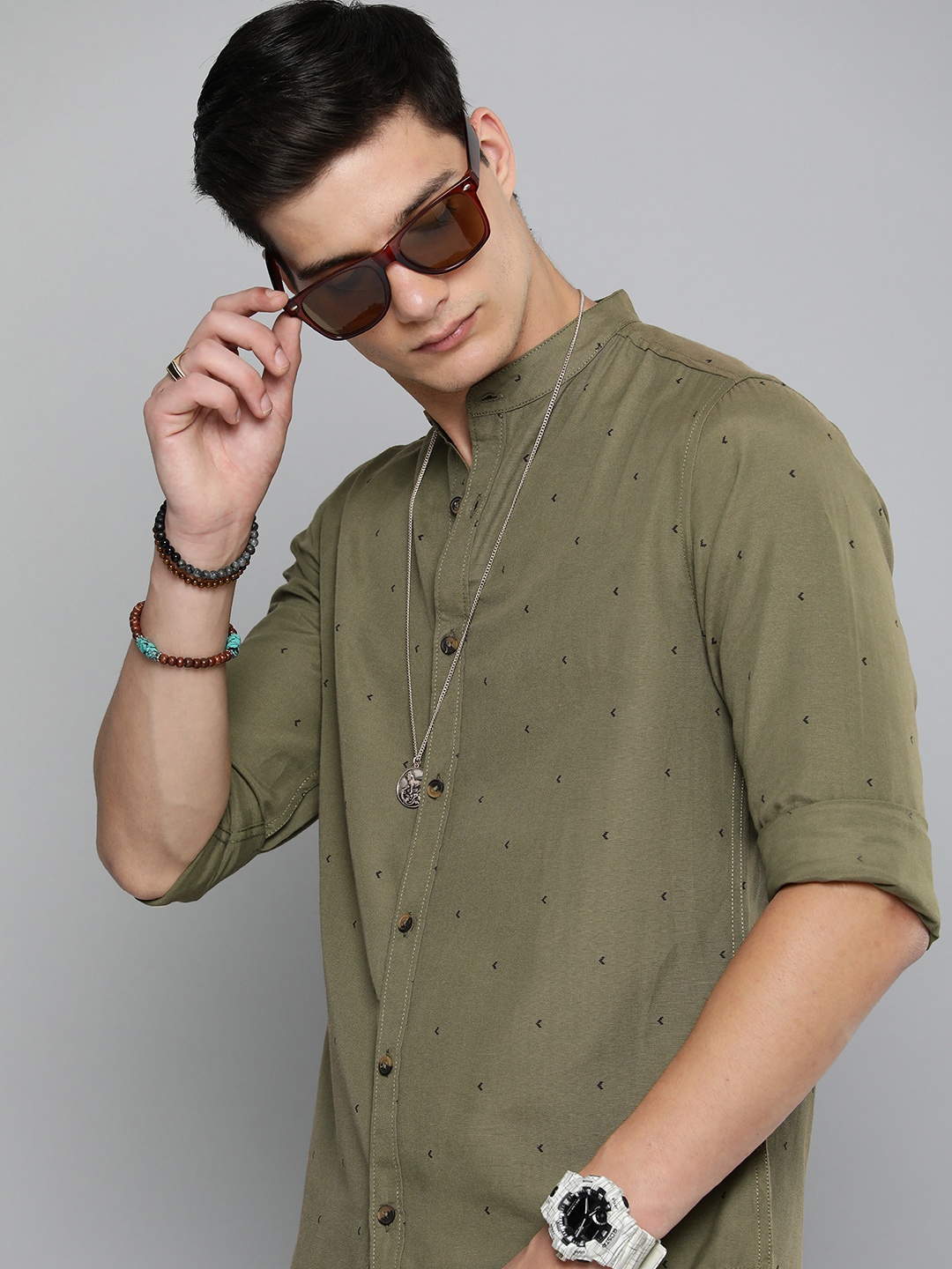 

R.Code by The Roadster Life Co. Men Printed Casual Shirt, Olive