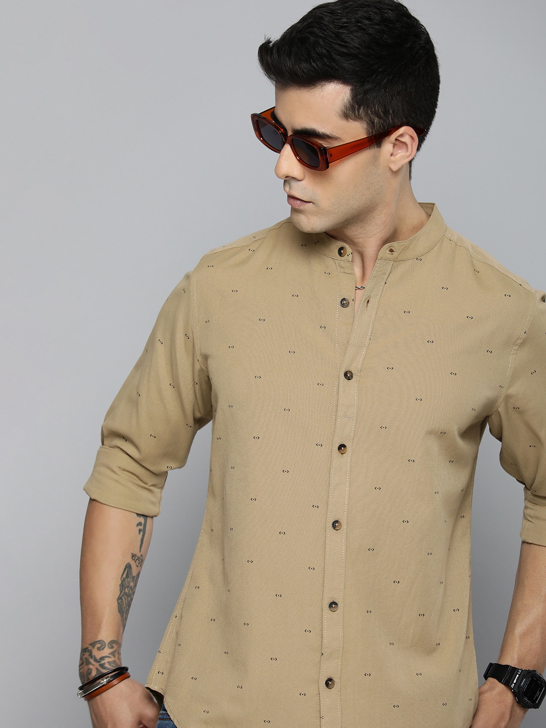 

R.Code by The Roadster Life Co. Geometric Printed Casual Shirt, Khaki