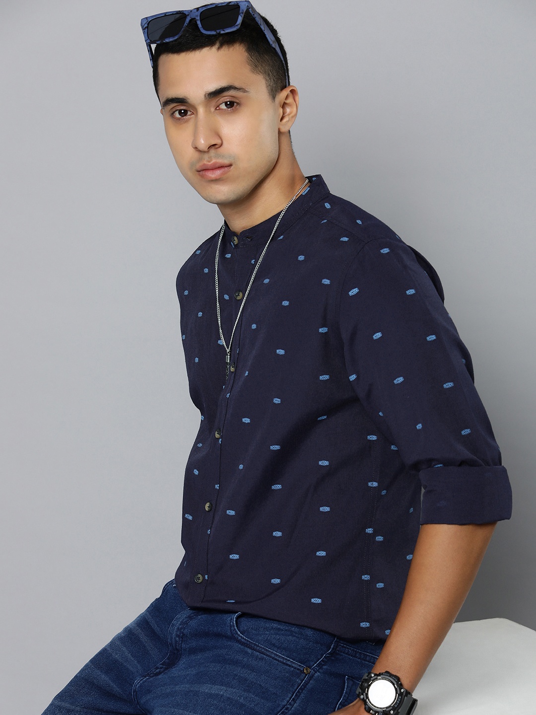 

R.Code by The Roadster Life Co. Brand Logo Printed Casual Shirt, Navy blue