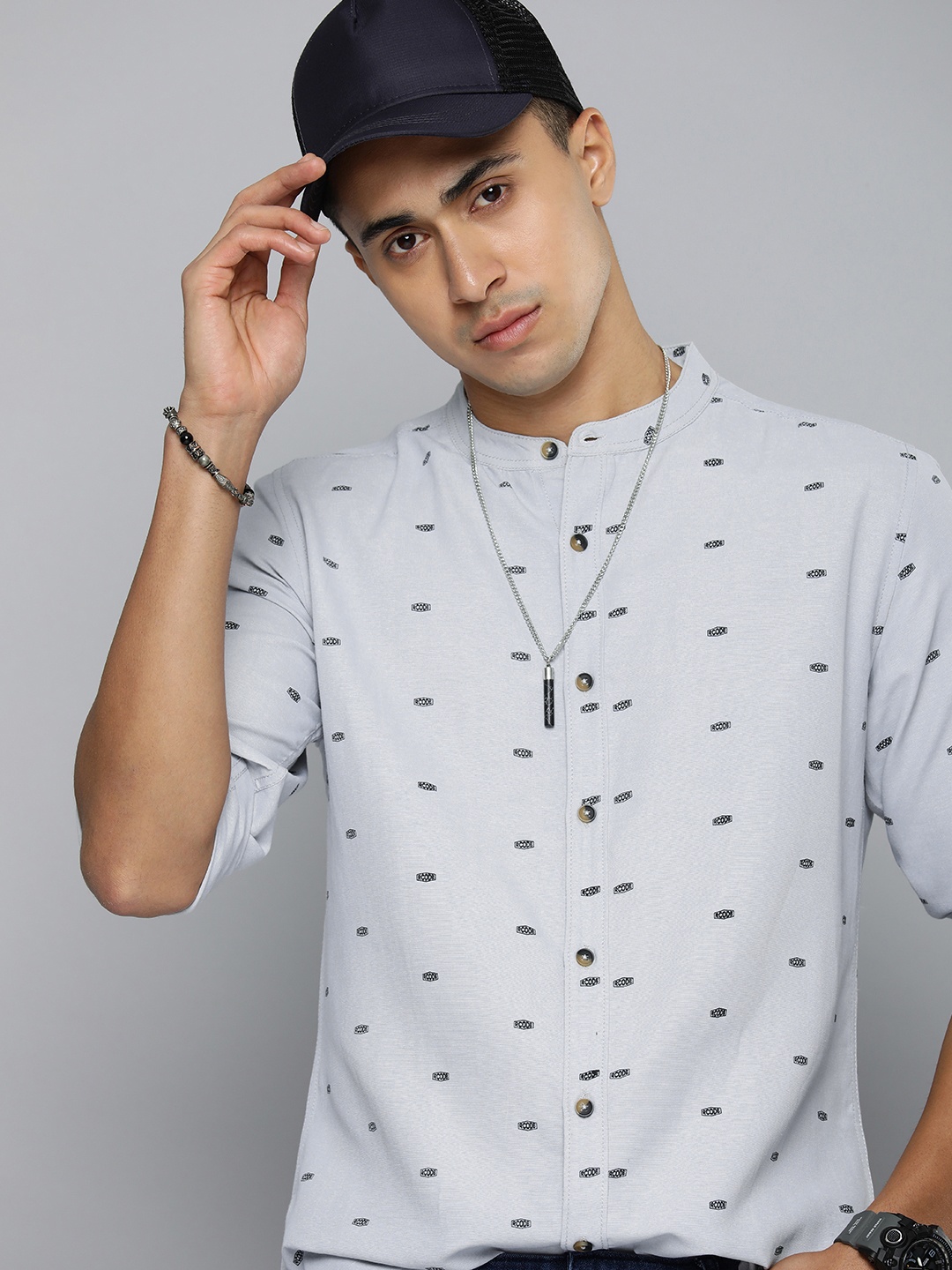 

R.Code by The Roadster Life Co. Brand Logo Printed Casual Shirt, Grey