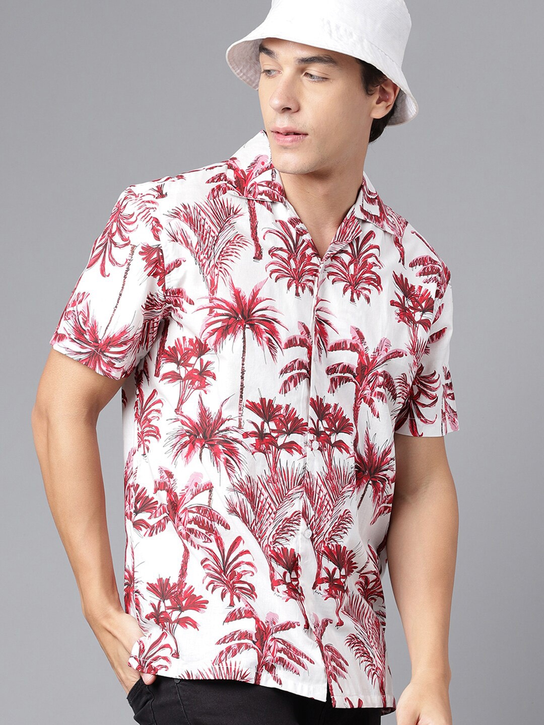 

Hancock Relaxed Fit Tropical Printed Cuban Collar Cotton Casual Shirt, White