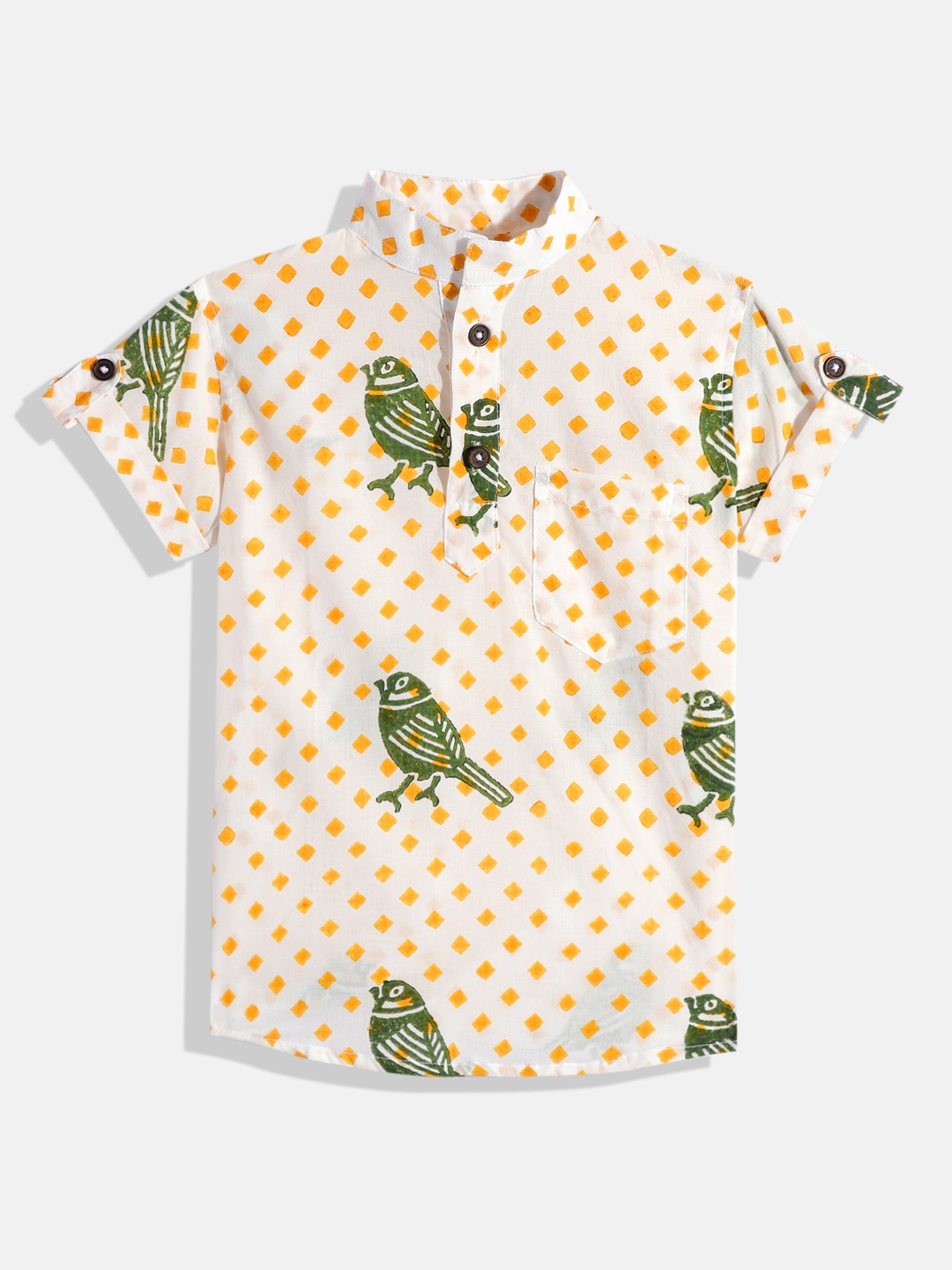 

Vastrarth Boys Smart Slim Fit Printed Mandarin Collar Organic Cotton Casual Shirt, Yellow