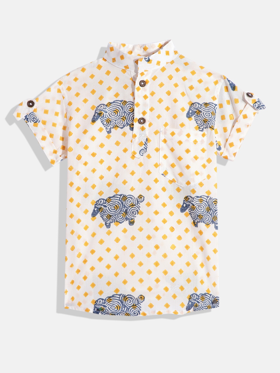 

Vastrarth Boys Smart Slim Fit Opaque Printed Mandarin Collar Organic Cotton Casual Shirt, Yellow