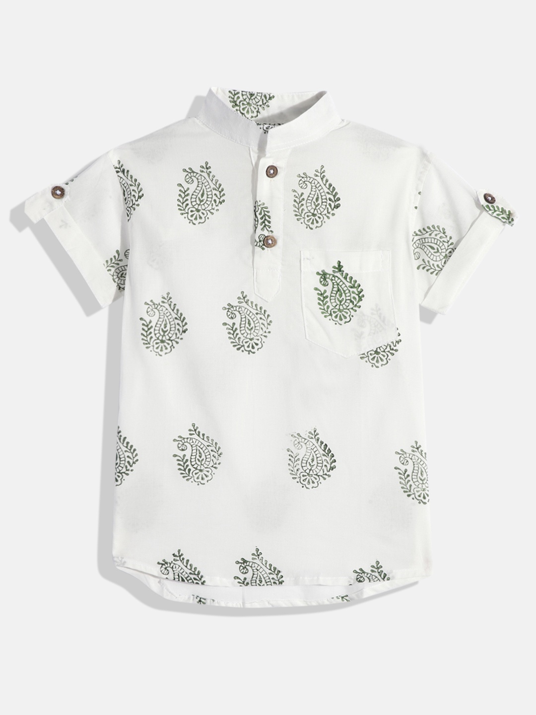 

Vastrarth Boys Smart Slim Fit Printed Mandarin Collar Organic Cotton Casual Shirt, White