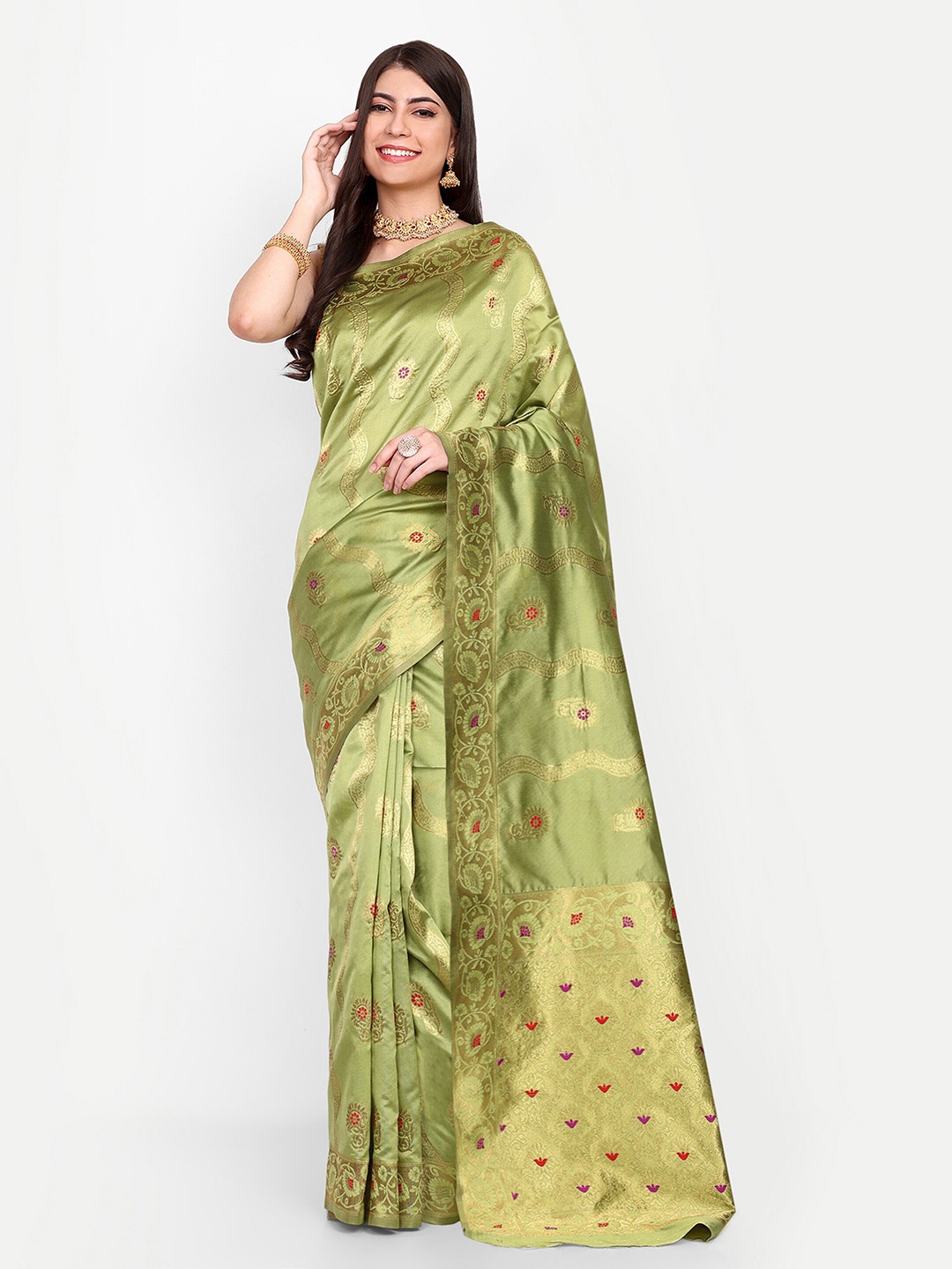 

CLOTHING JUNCTION Ethnic Motifs Woven Design Zari Kanjeevaram Saree, Green