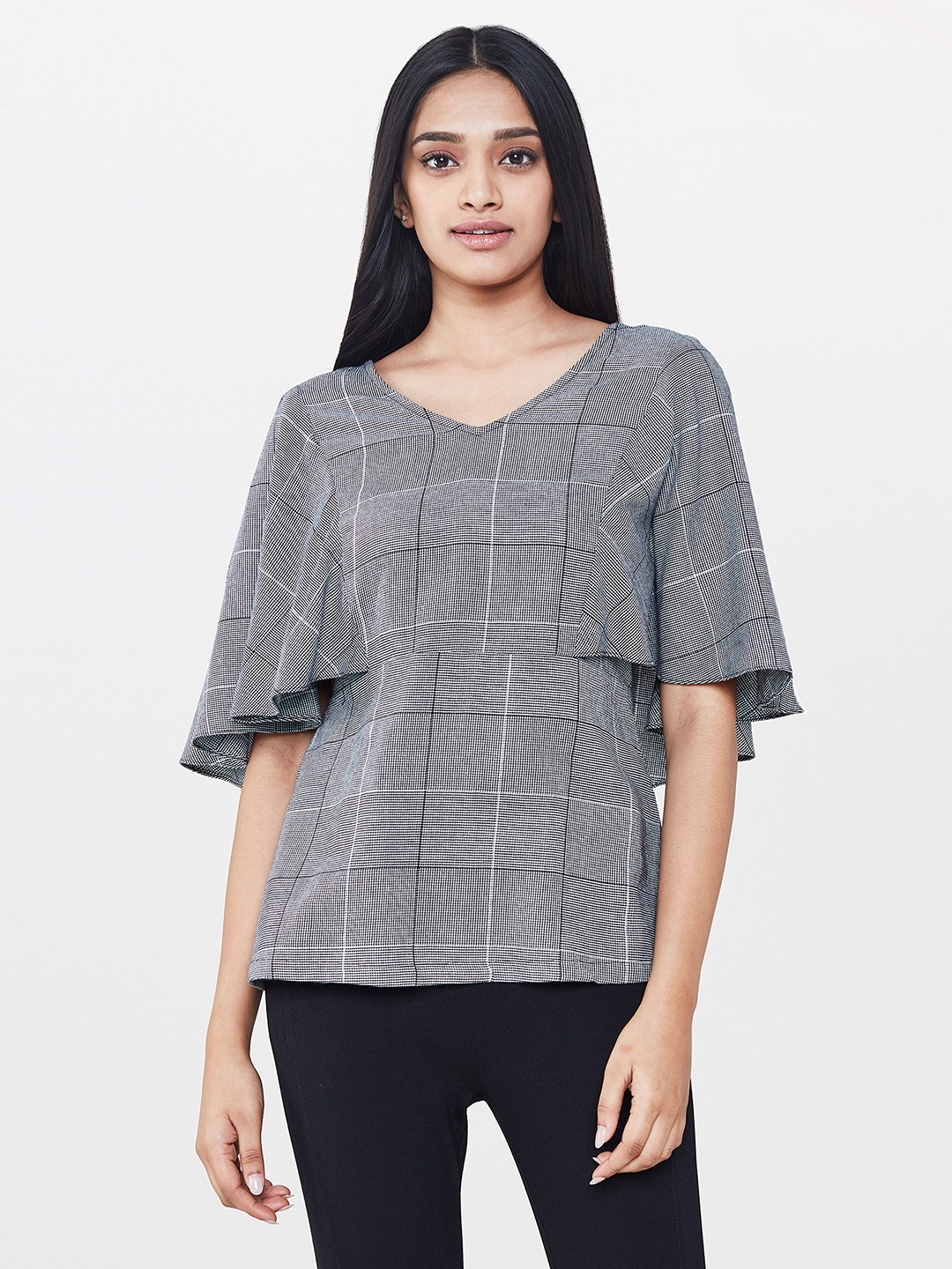 

AND Women Black & Off-White Checked Pure Cotton Top