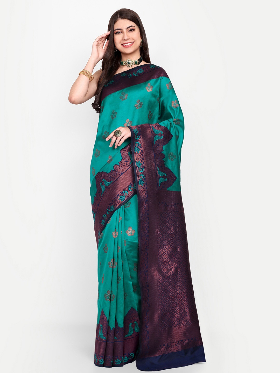 

CLOTHING JUNCTION Ethnic Motifs Woven Design Zari Pure Silk Banarasi Saree, Teal
