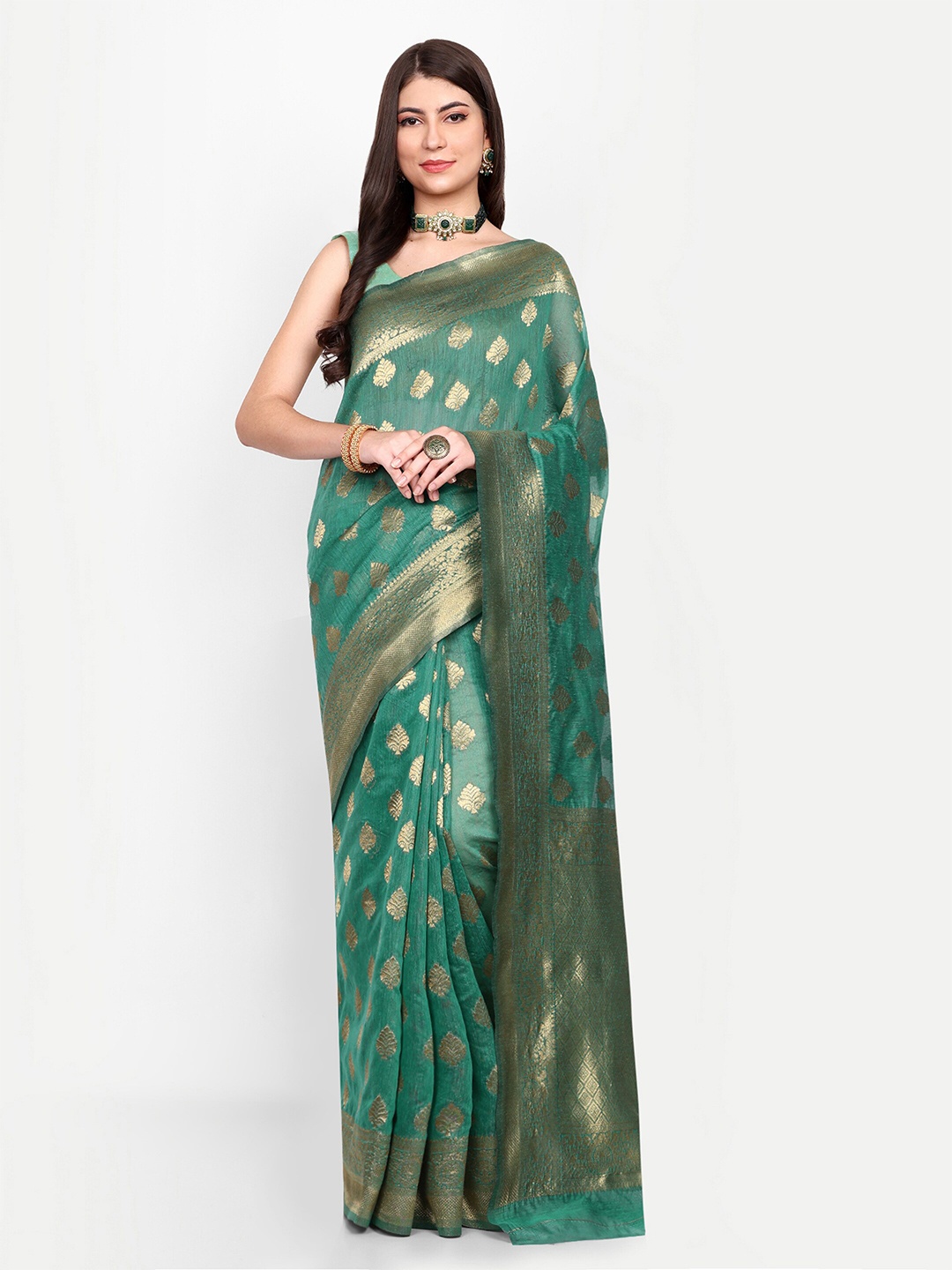 

CLOTHING JUNCTION Ethnic Motifs Woven Design Zari Pure Silk Banarasi Saree, Green