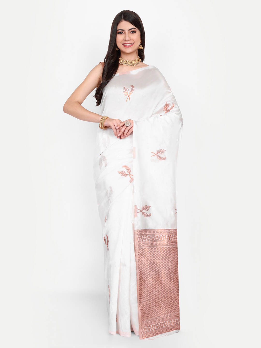 

CLOTHING JUNCTION Floral Woven Design Zari Pure Silk Banarasi Saree, Off white