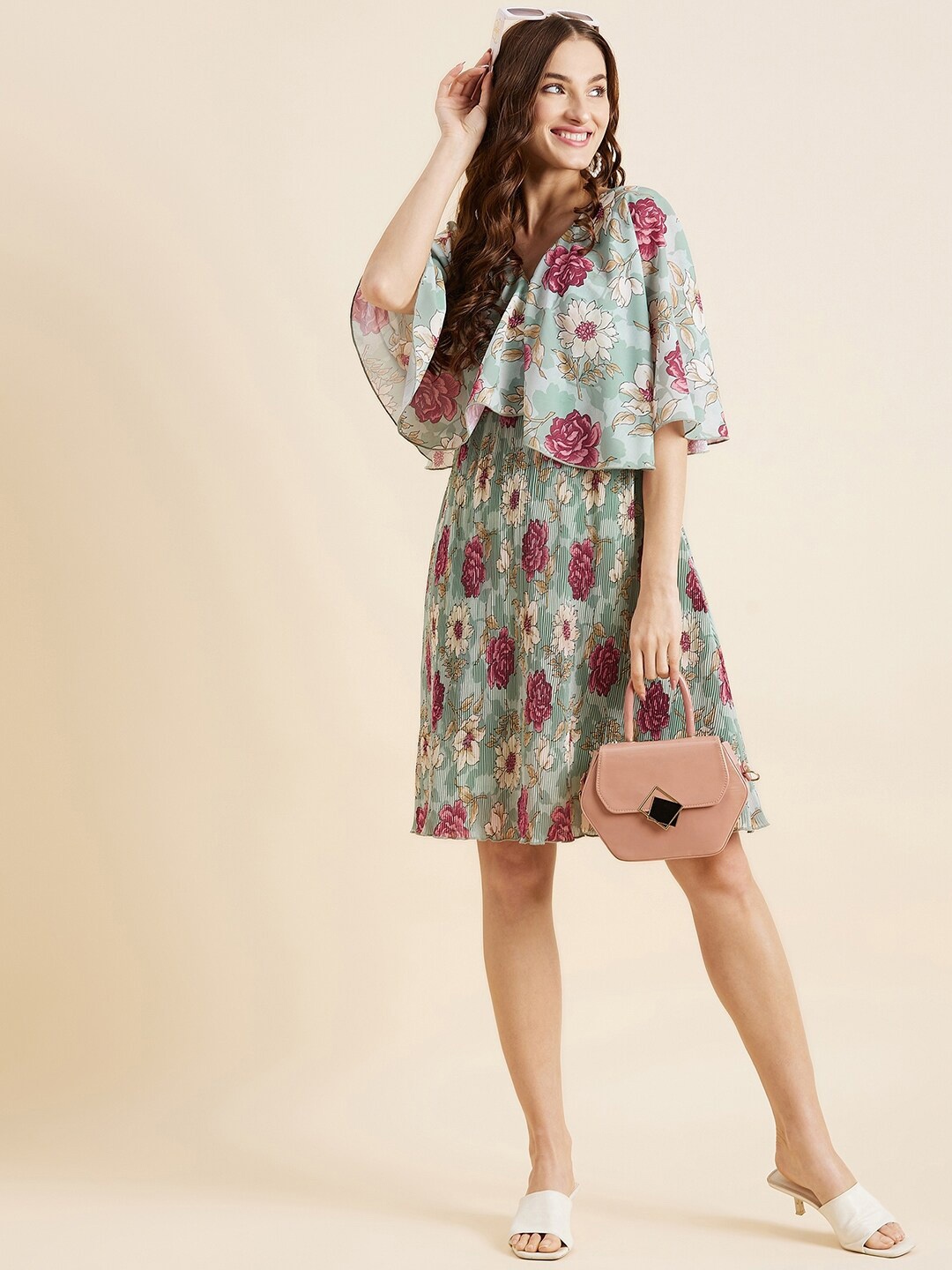 

PANIT Green Floral Printed V-Neck Cape Sleeve Pleated Georgette A-Line Dress