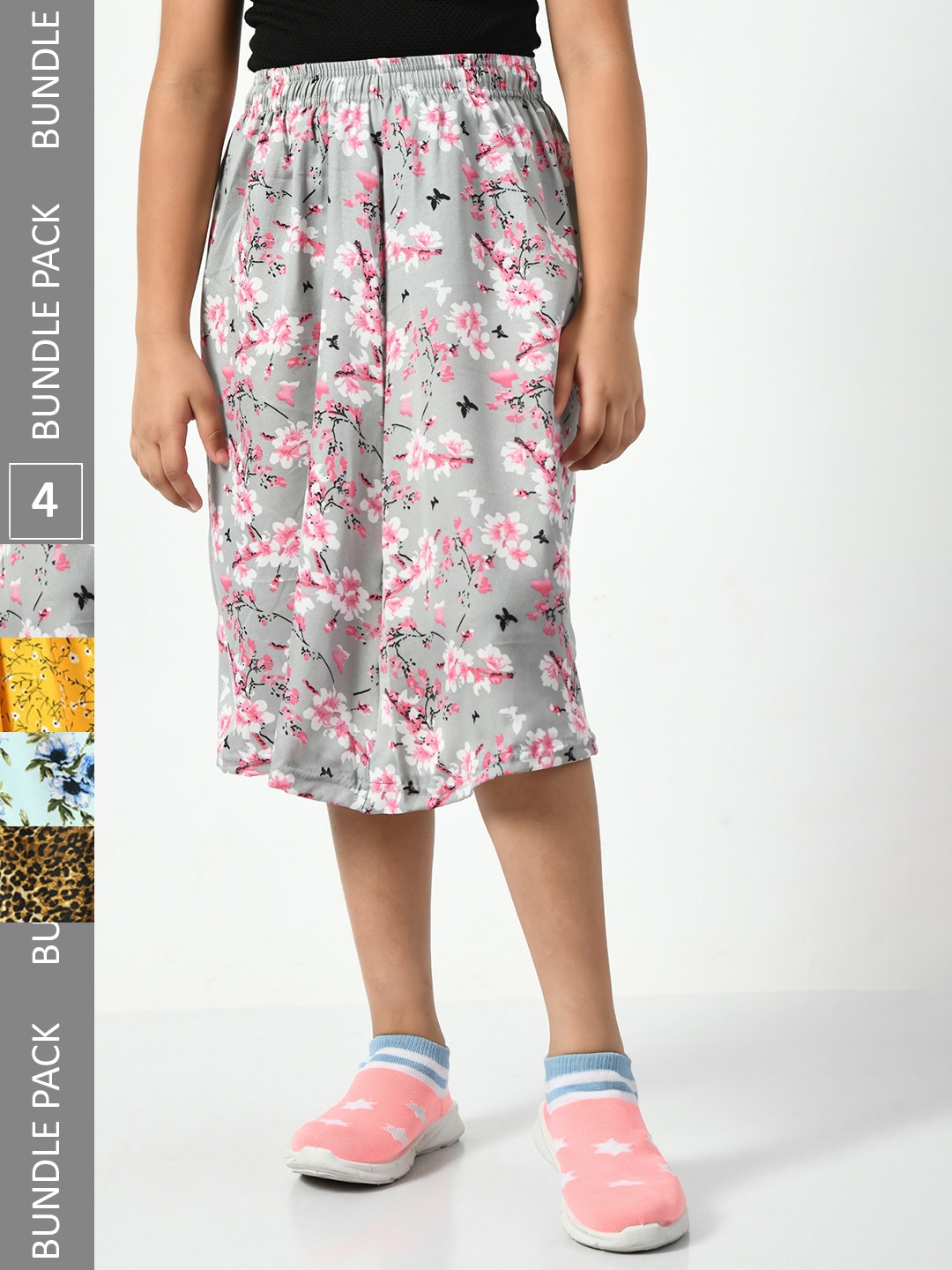 

BAESD Girls Pack Of 4 Floral Printed Gathered Or Pleated Flared Skirts, Grey
