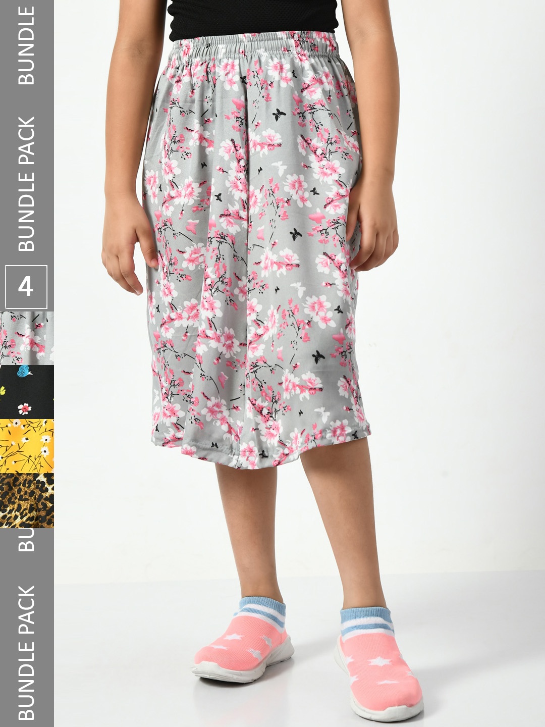 

BAESD Girls Pack Of 4 Floral Printed Gathered Or Pleated Flared Skirts, Grey