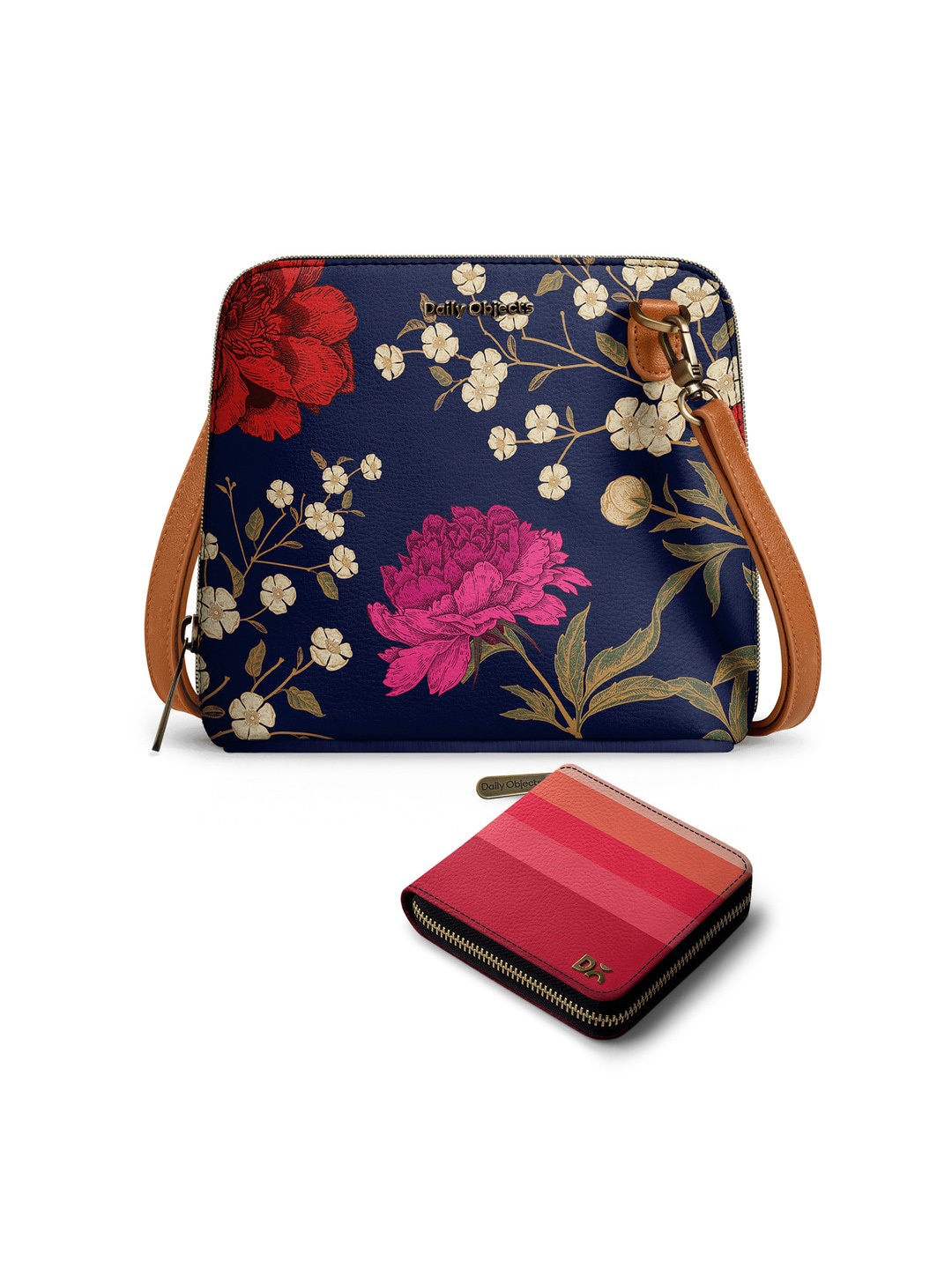 

DailyObjects Floral Printed Leather Structured Sling Bag with Zip Wallet, Blue