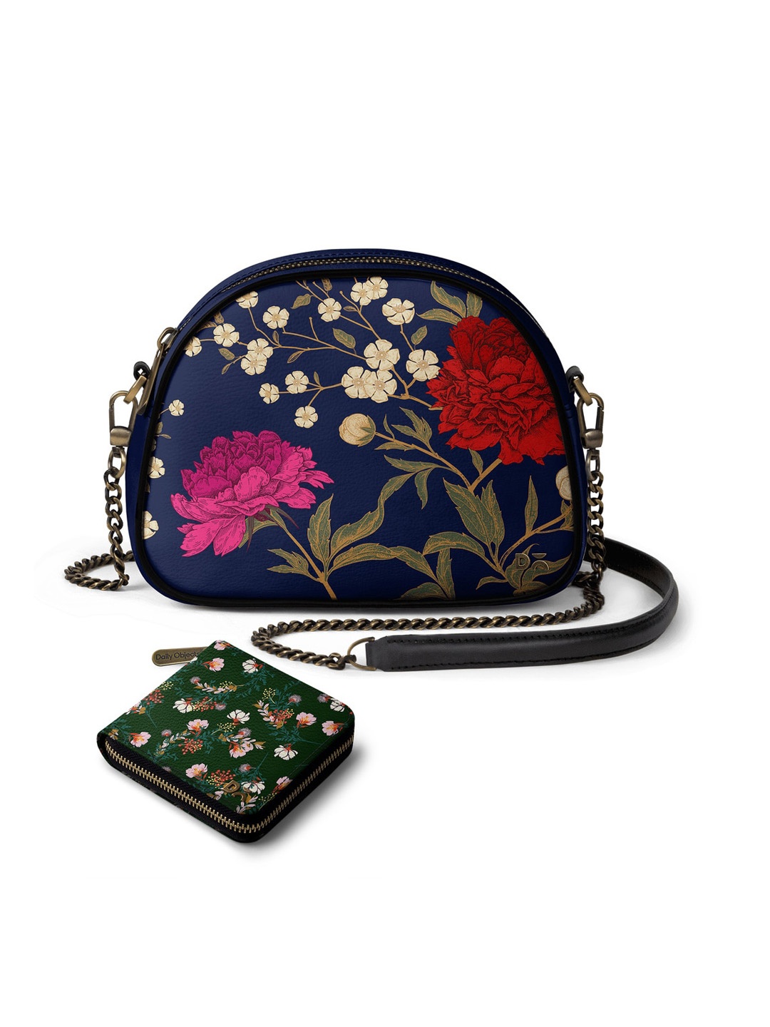 

DailyObjects Floral Embellished Leather Structured Sling Bag with Zip Wallet, Navy blue