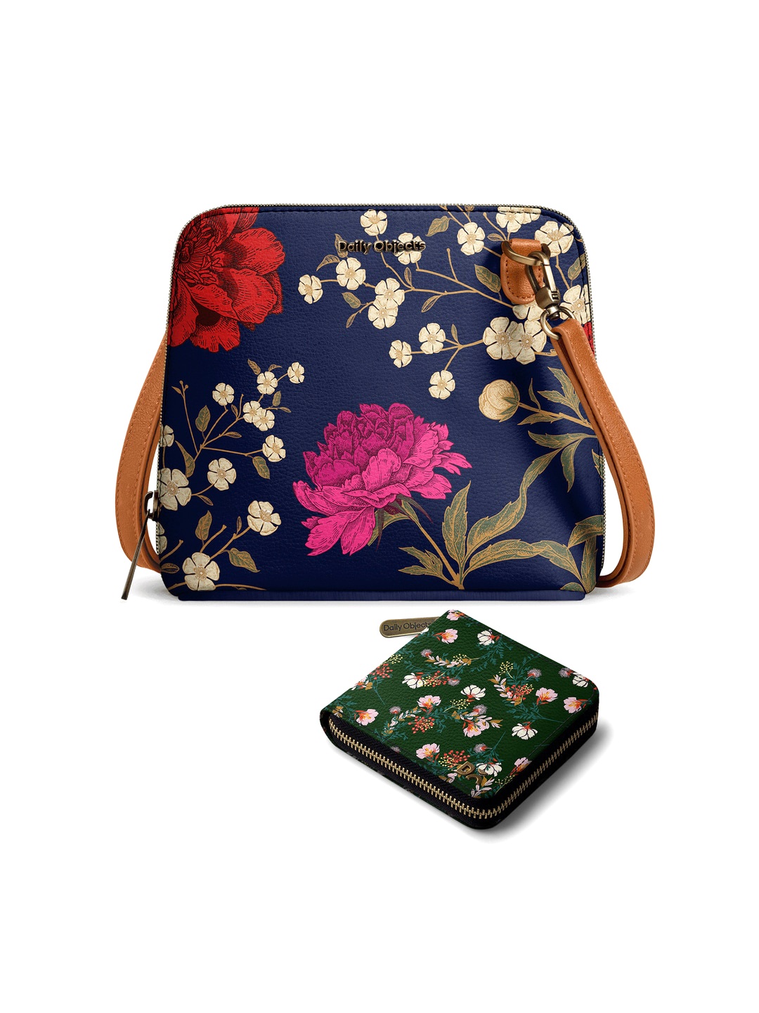 

DailyObjects Floral Printed Leather Structured Sling Bag with Zip Wallet, Blue