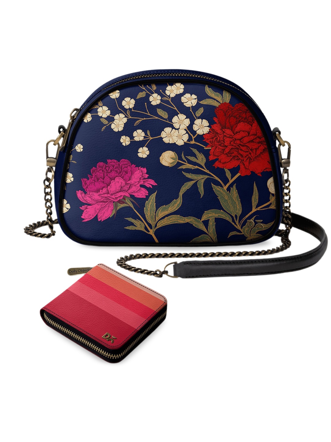 

DailyObjects Floral Printed Leather Structured Sling Bag with Zip Wallet, Blue