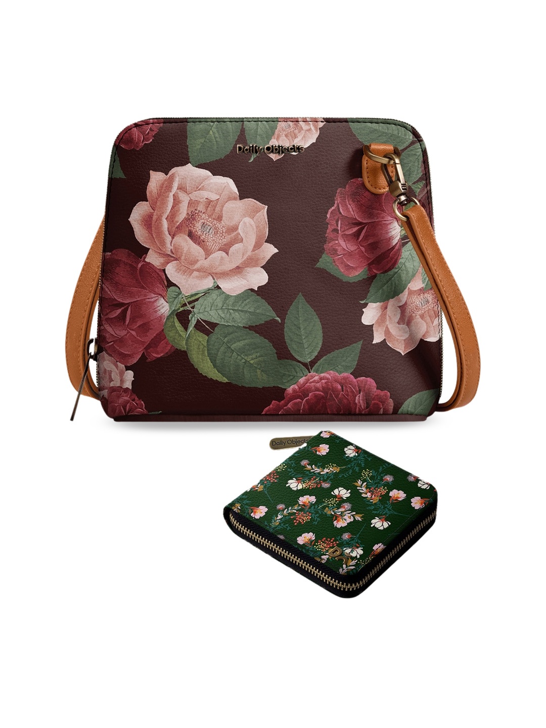 

DailyObjects Floral Embellished Leather Structured Sling Bag with Zip Wallet, Brown