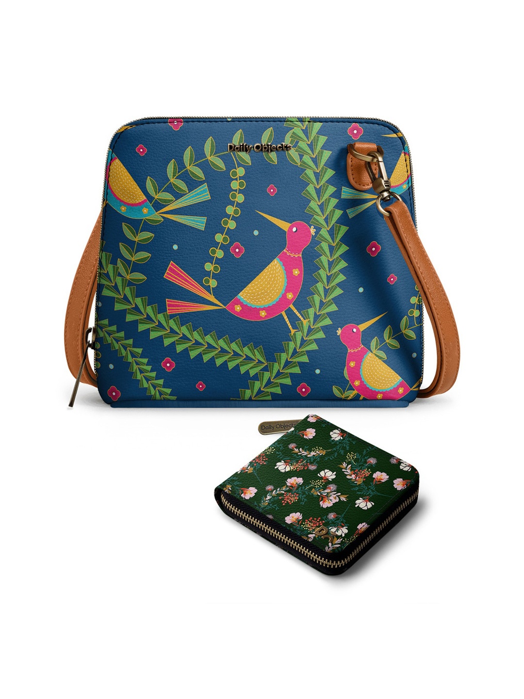 

DailyObjects Ethnic Motifs Printed Leather Structured Sling Bag with Zip Wallet, Teal