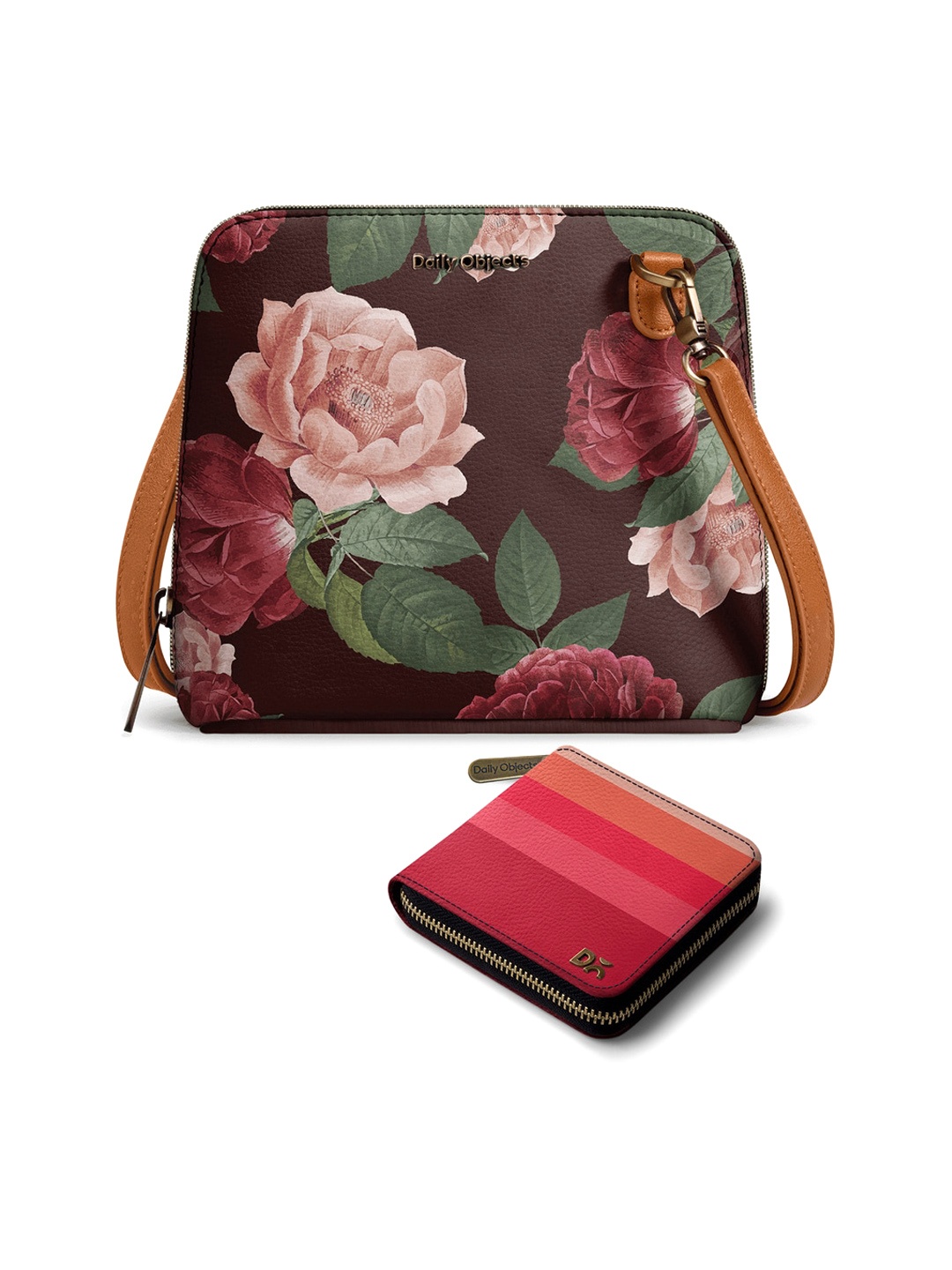 

DailyObjects Floral Printed Leather Structured Sling Bag with Zip Wallet, Brown