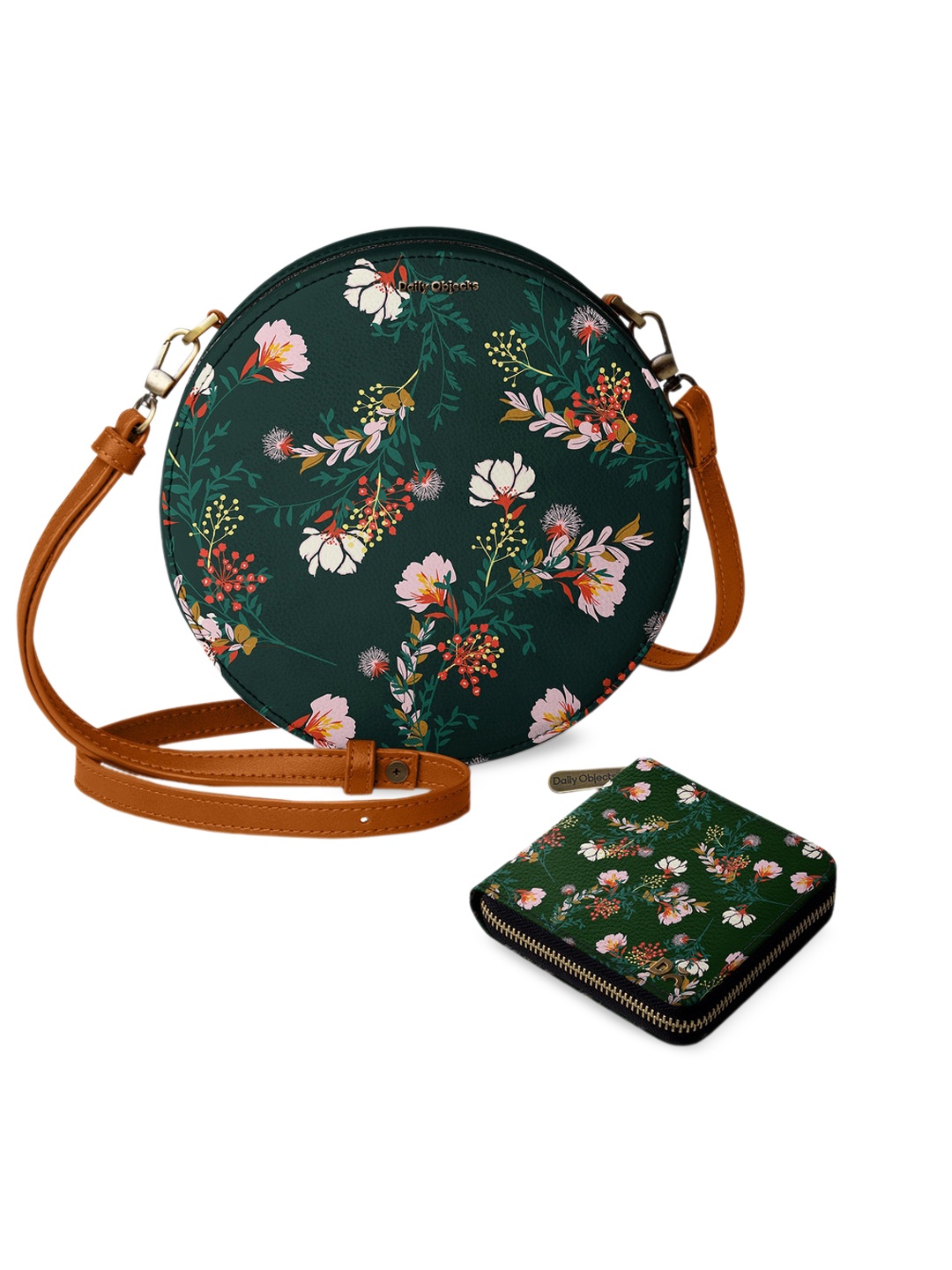 

DailyObjects Floral Printed Leather Half Moon Sling Bag With Wallet, Green