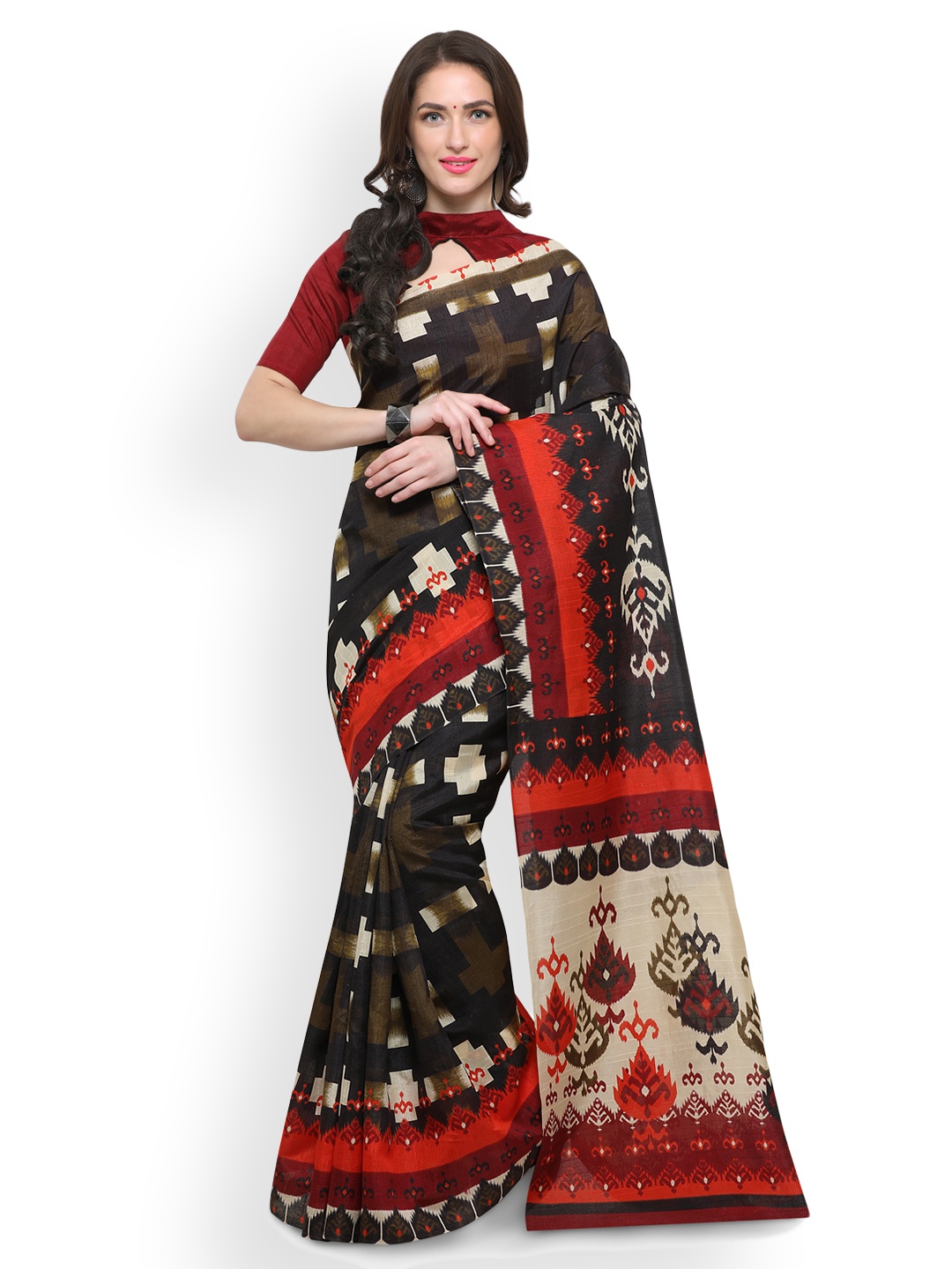 

Saree mall Black & Red Art Silk Printed Bhagalpuri Saree