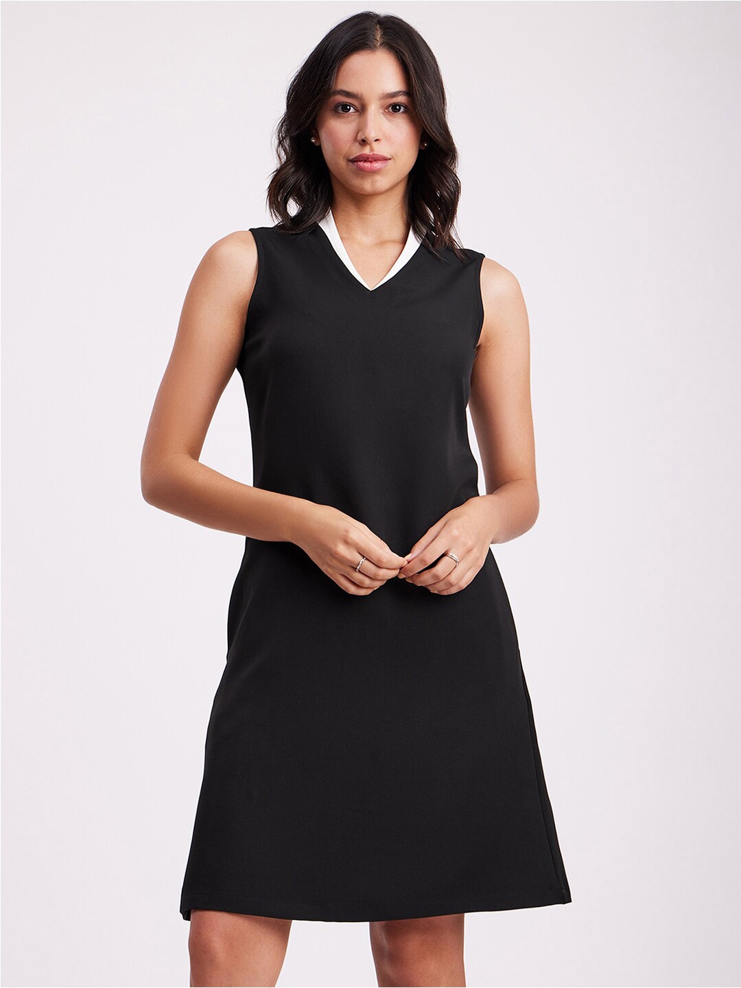 

FableStreet Mock Collar Sleeveless A-Line Dress, Black