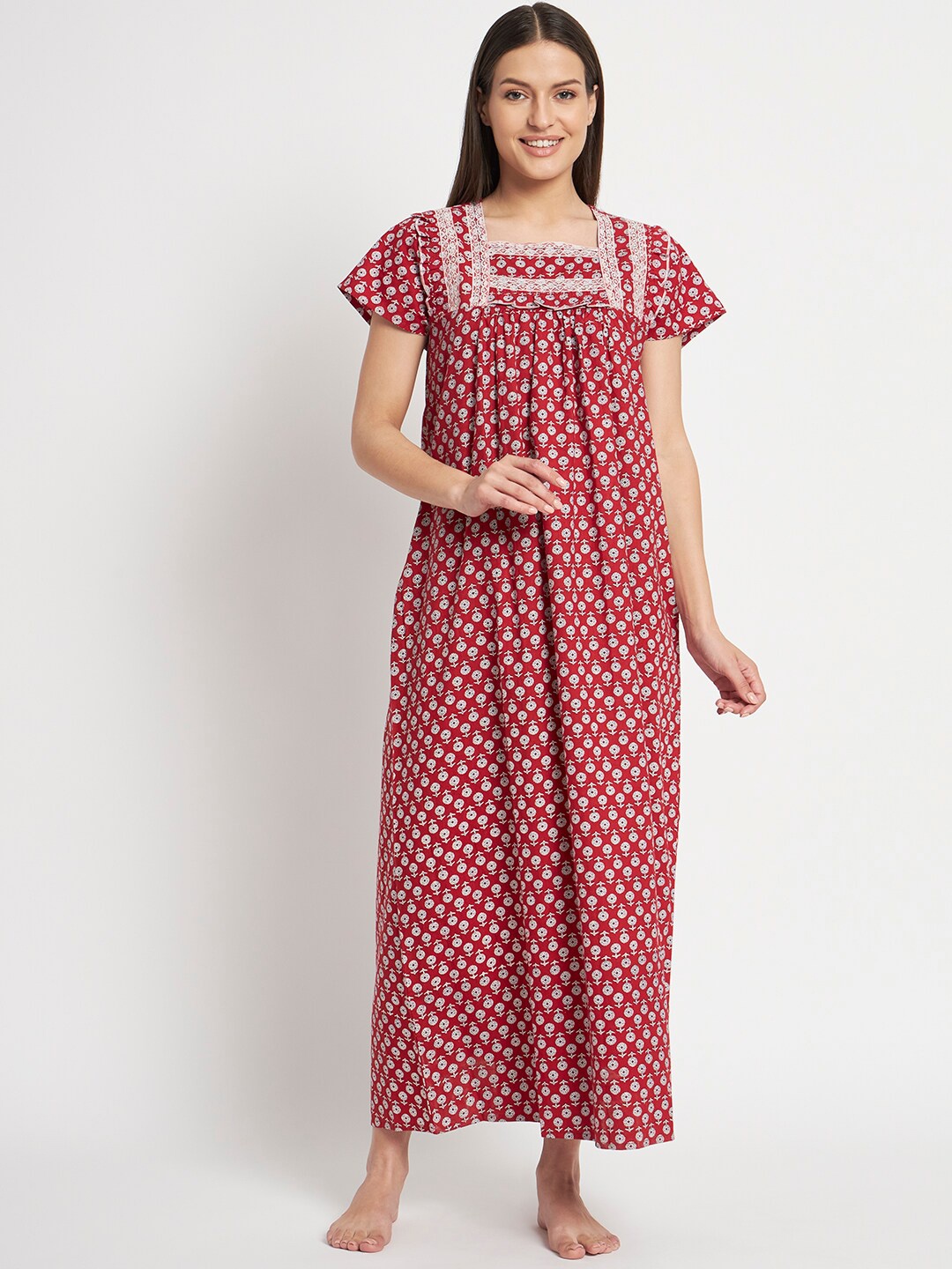 

Kashana Conversational Printed Pure Cotton Maxi Nightdress, Maroon